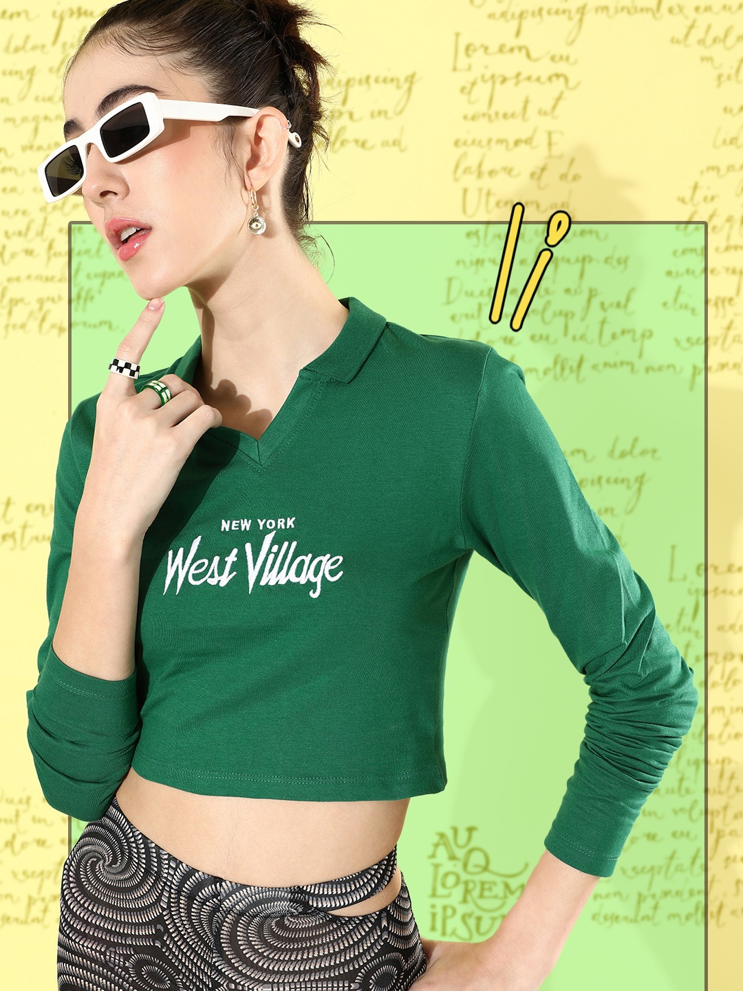 

HERE&NOW Women Typography Printed V-Neck Pure Cotton T-shirt, Green