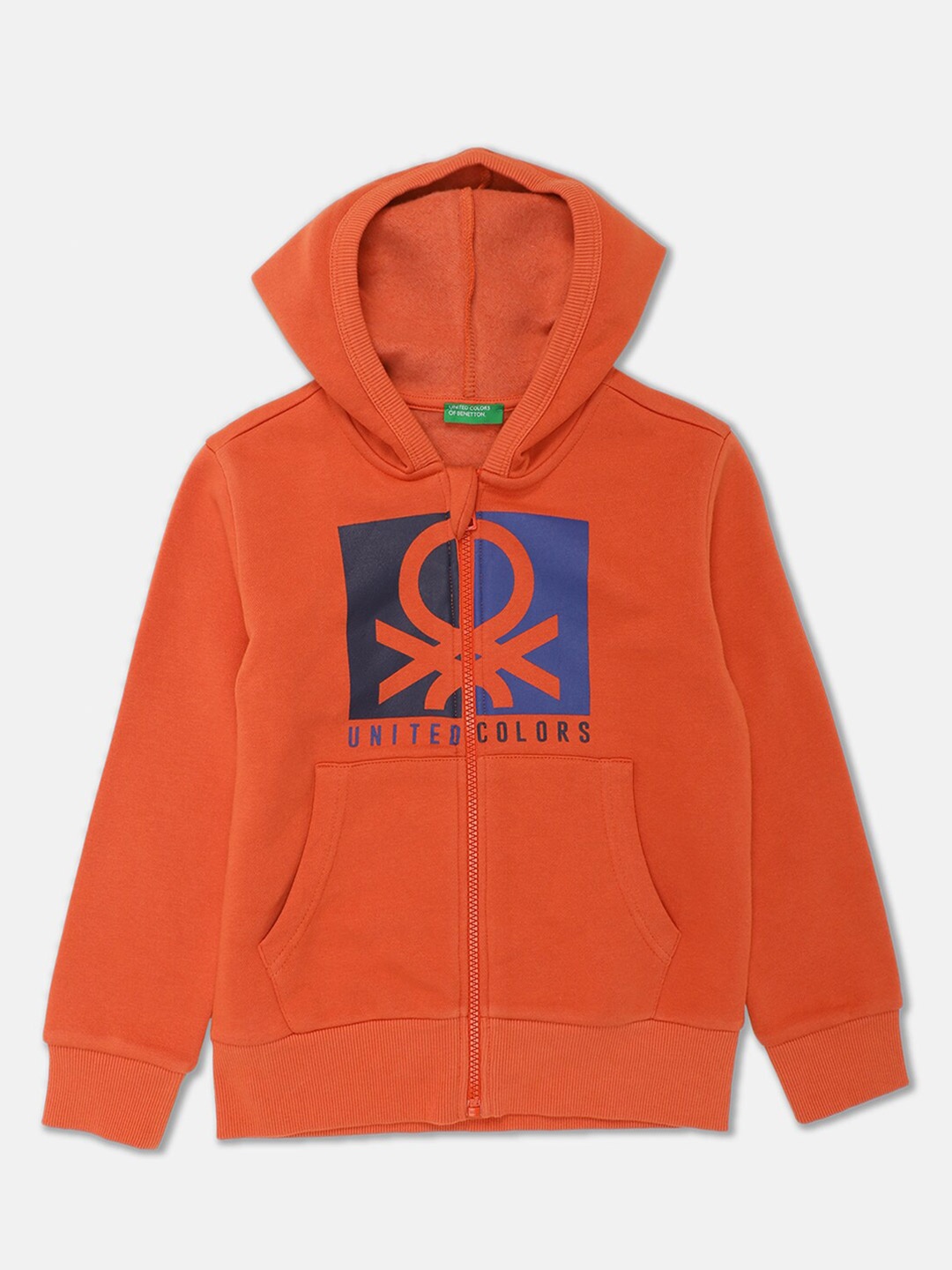 

United Colors of Benetton Boys Orange Printed Cotton Hooded Sweatshirt
