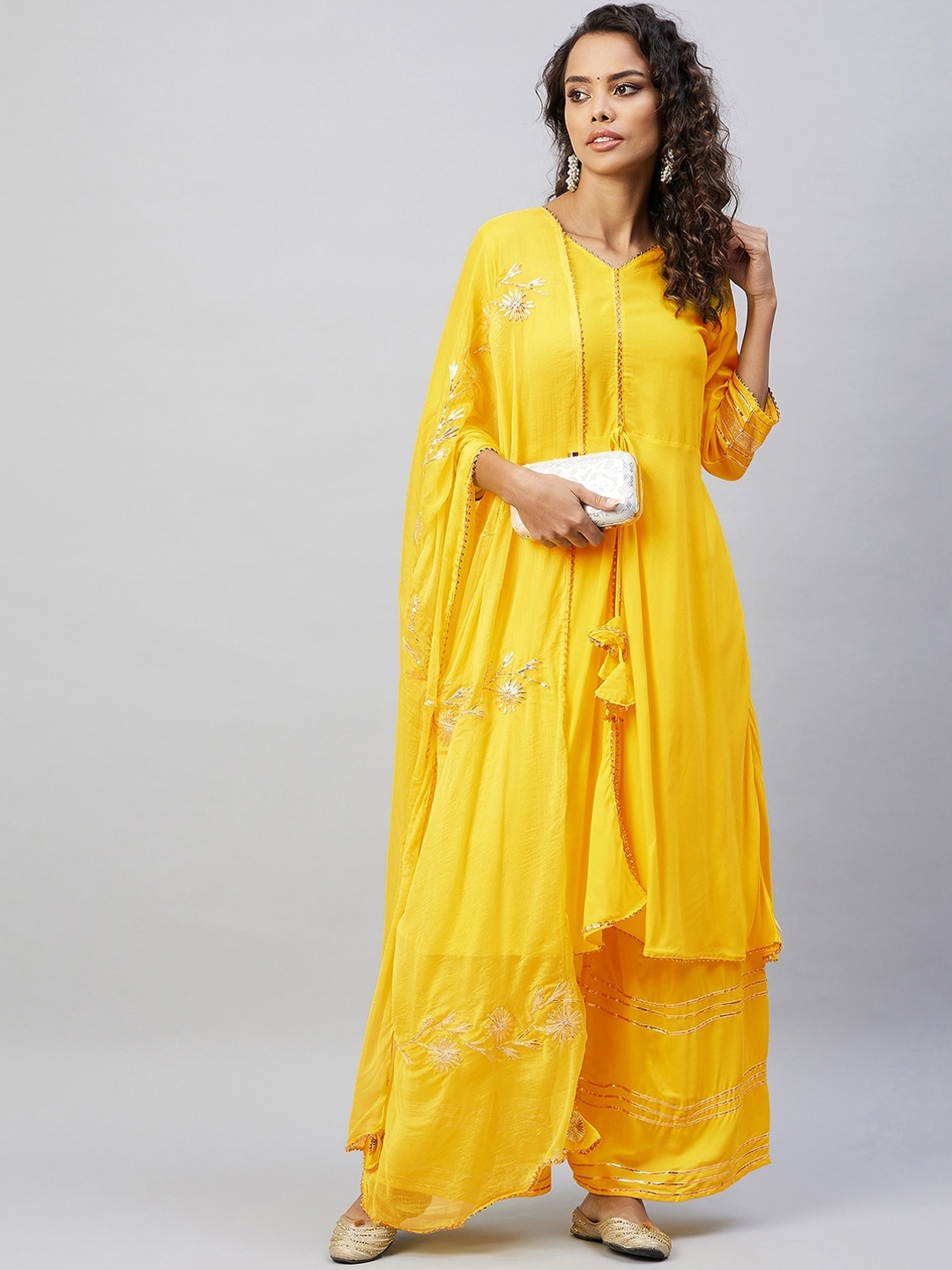

InWeave Women Yellow Gotta Patti Kurta with Sharara & Dupatta