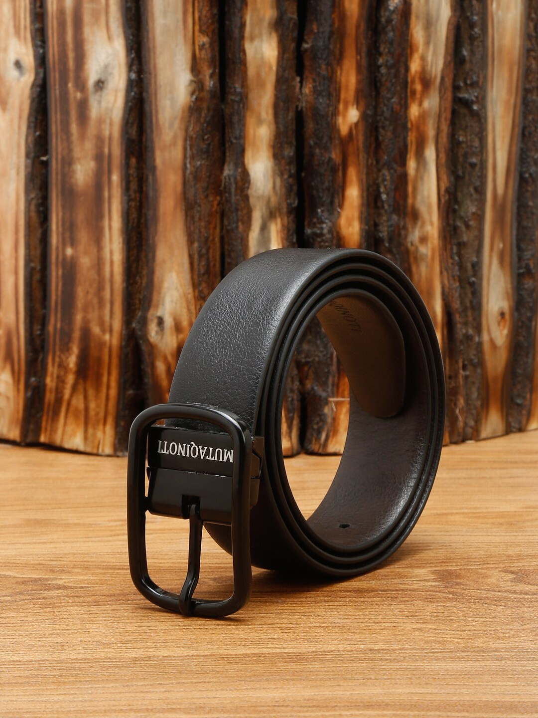 

MUTAQINOTI Men Black Textured Leather Reversible Formal Belt