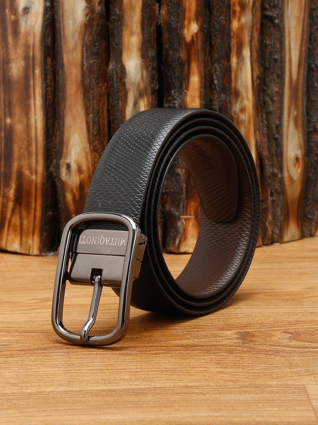 

MUTAQINOTI Men Black Textured Leather Reversible Formal Belt