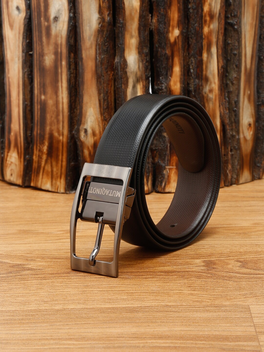 

MUTAQINOTI Men Black Textured Leather Reversible Formal Belt