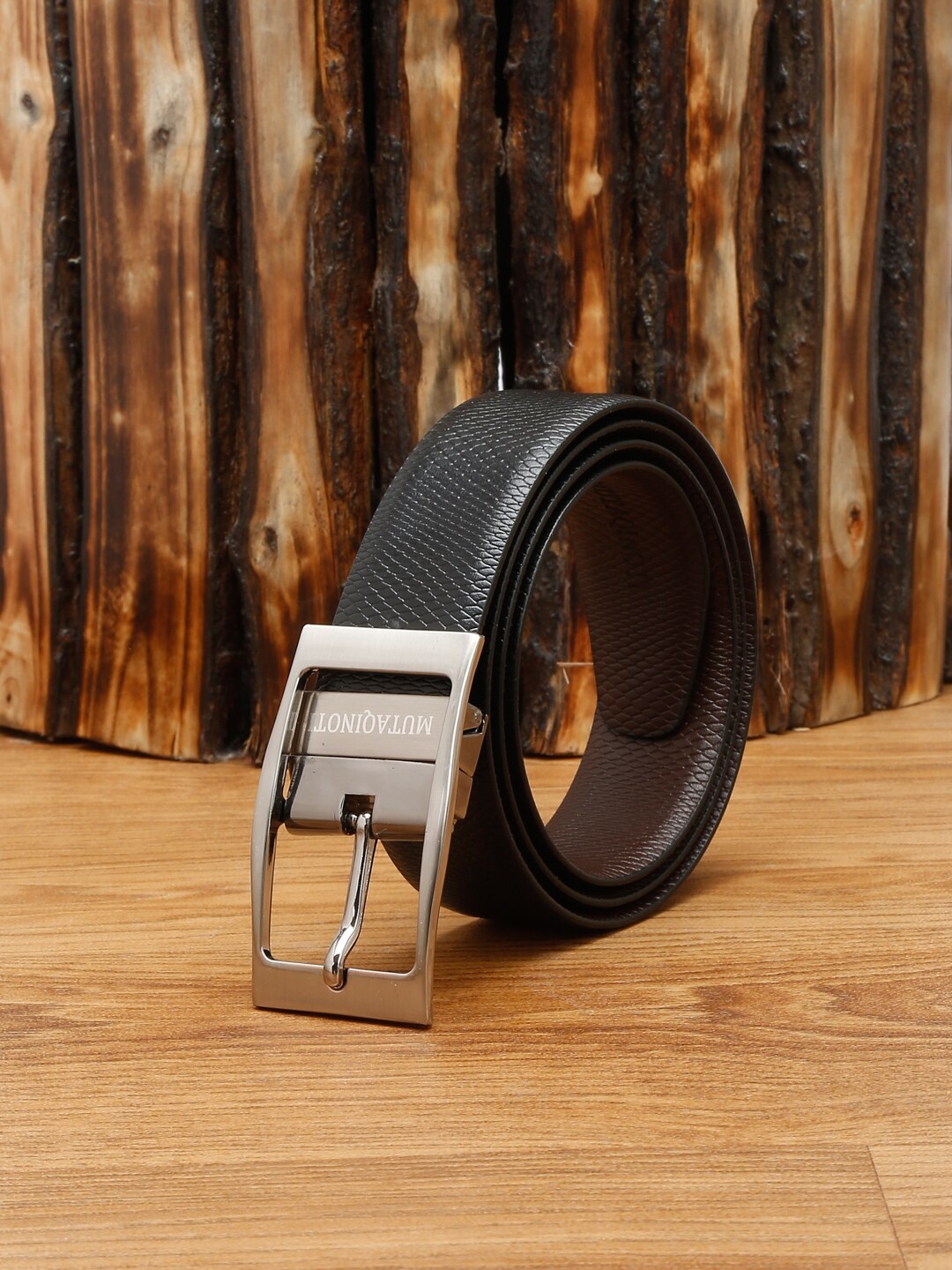 

MUTAQINOTI Men Black Textured Leather Reversible Formal Belt