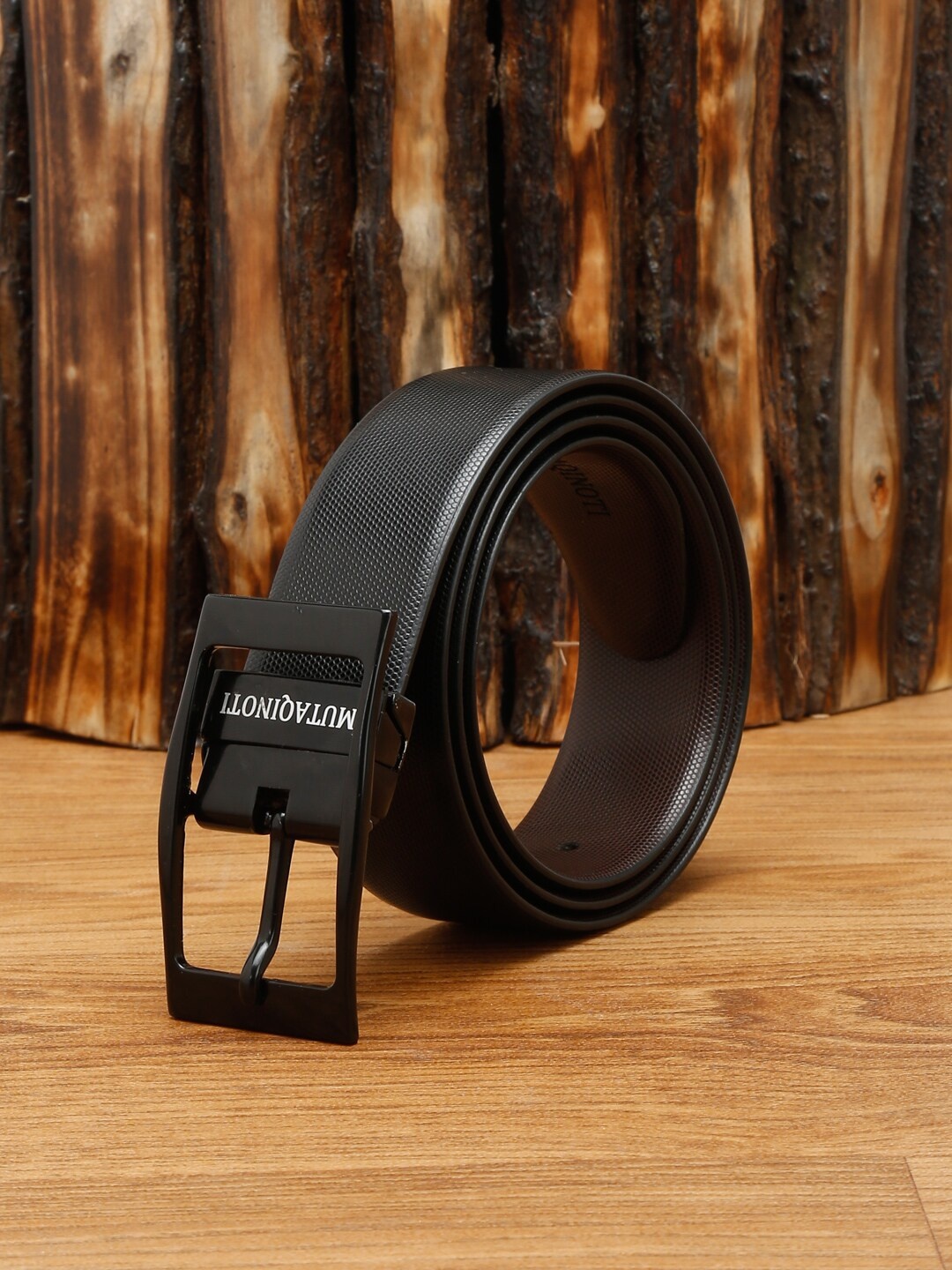 

MUTAQINOTI Men Black Textured Leather Reversible Formal Belt