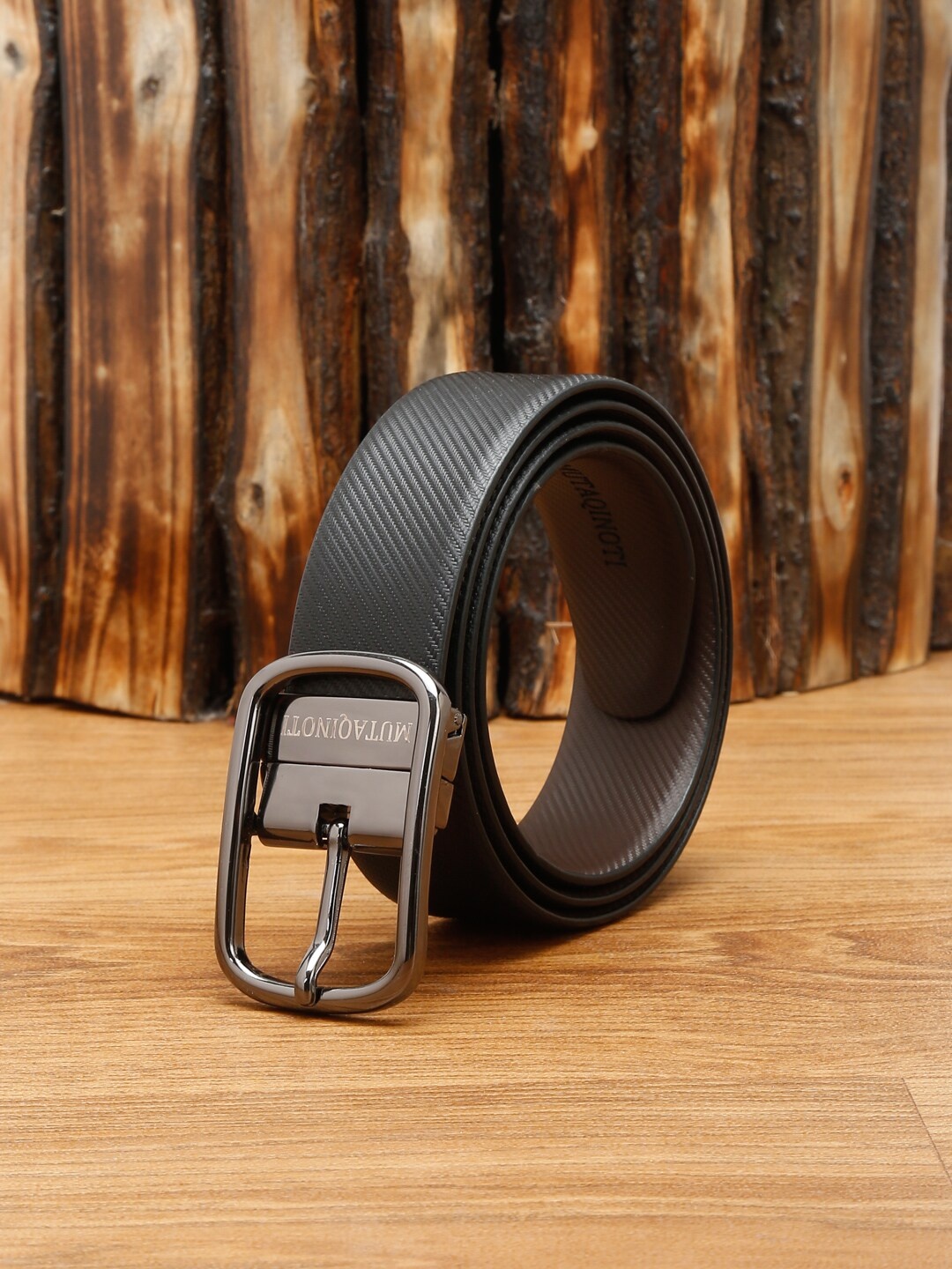 

MUTAQINOTI Men Black Textured Leather Reversible Formal Belt