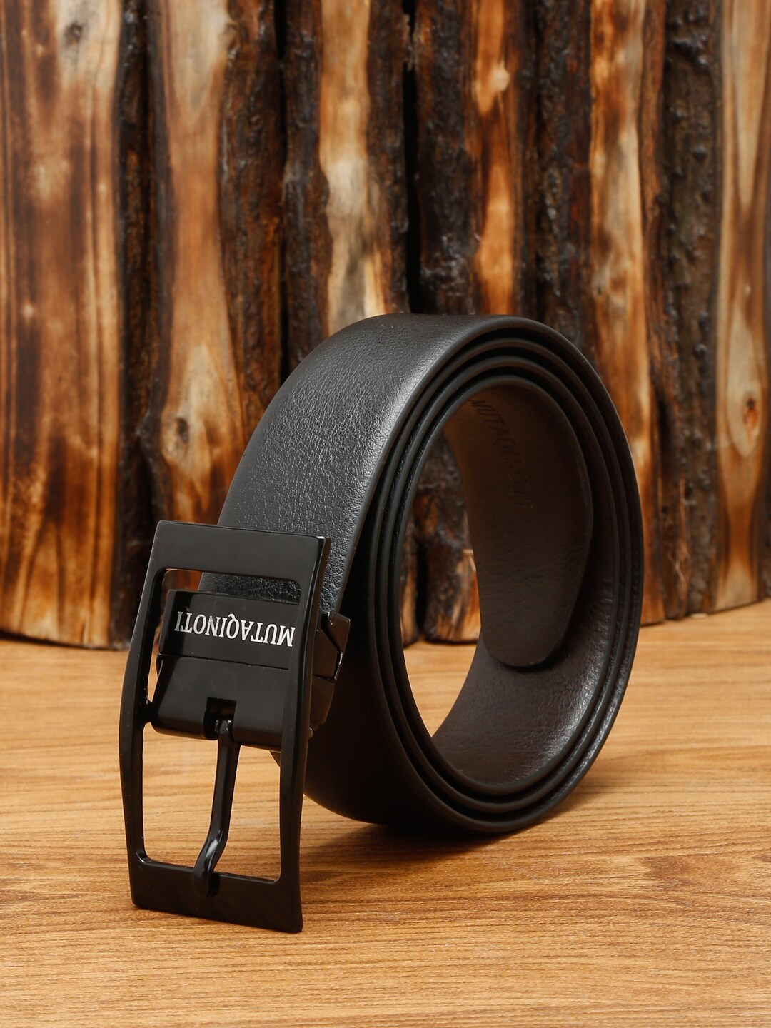 

MUTAQINOTI Men Black Textured Leather Reversible Formal Belt