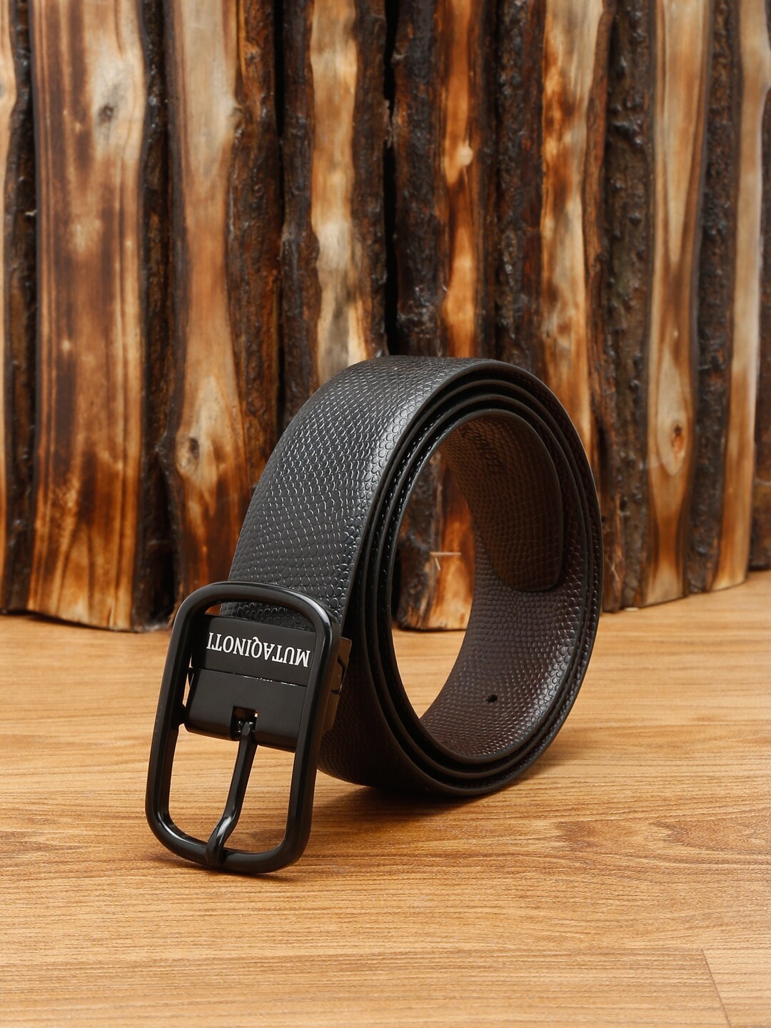 

MUTAQINOTI Men Black Textured Leather Reversible Formal Belt