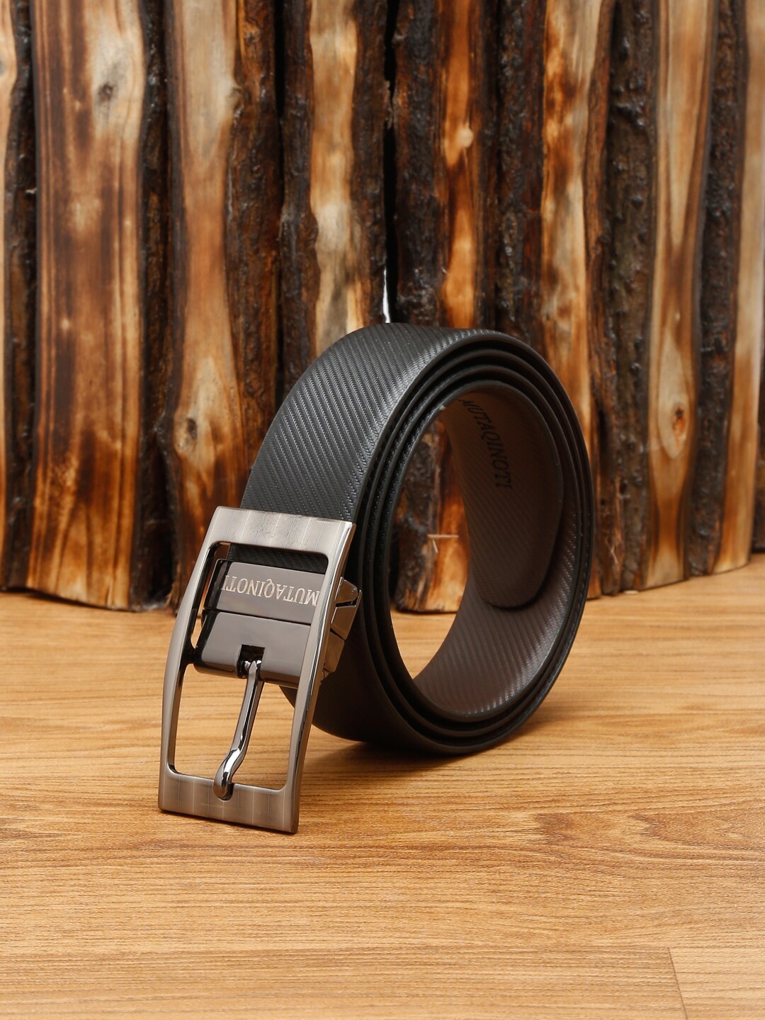 

MUTAQINOTI Men Black Textured Leather Reversible Formal Belt