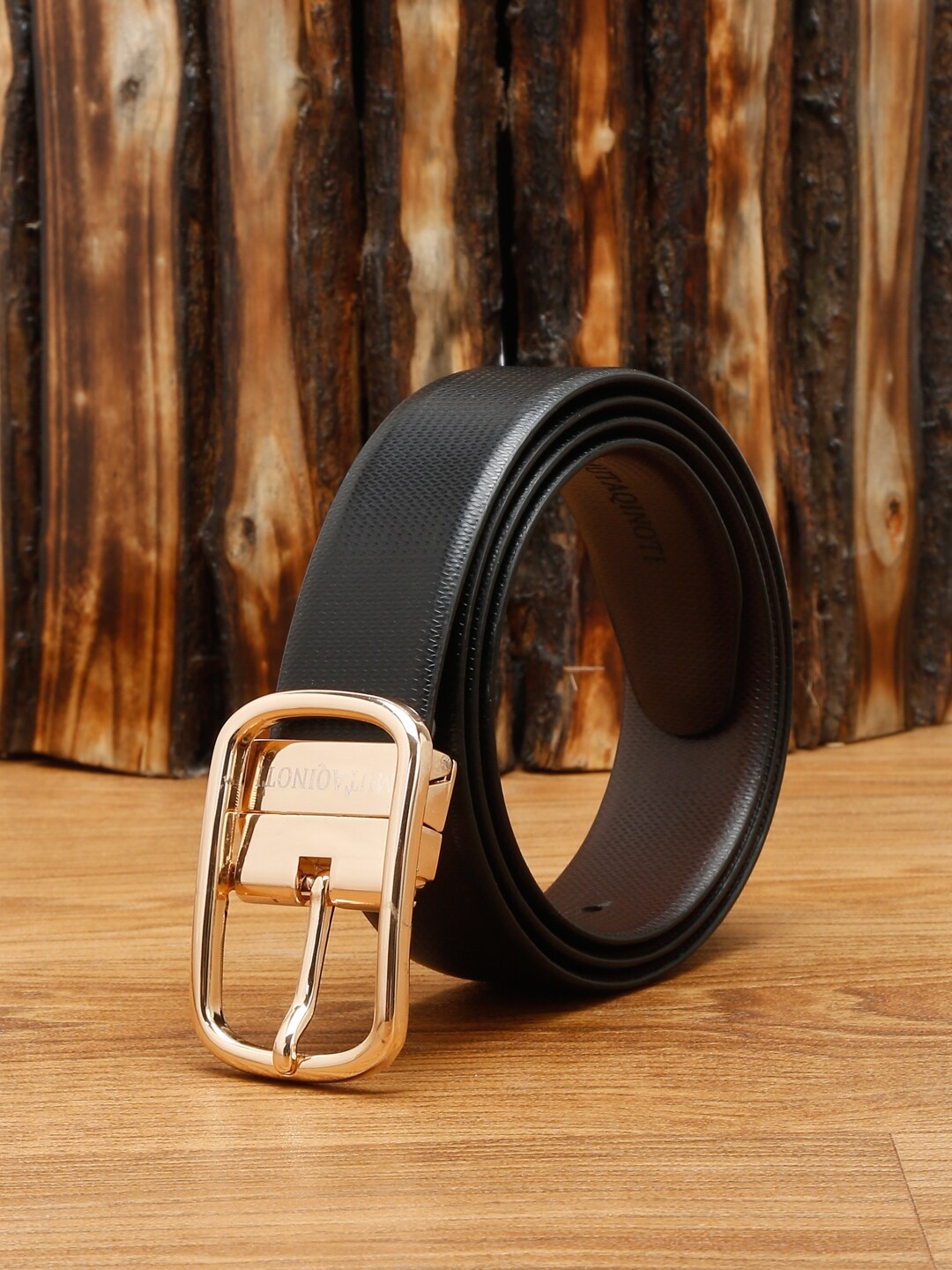 

MUTAQINOTI Men Black Textured Leather Reversible Formal Belt