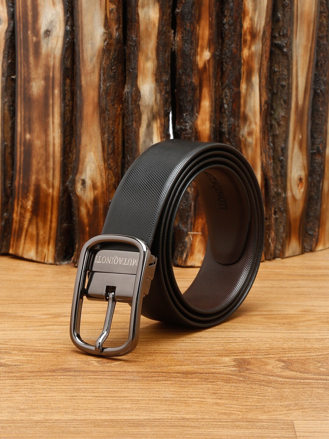

MUTAQINOTI Men Black Textured Leather Reversible Formal Belt