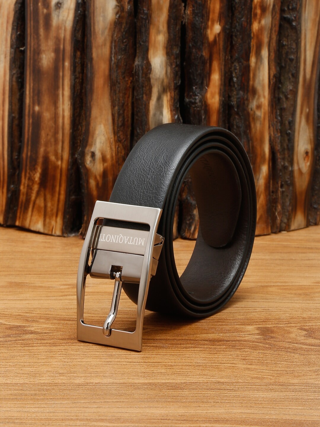 

MUTAQINOTI Men Black Textured Leather Formal Reversible Belt