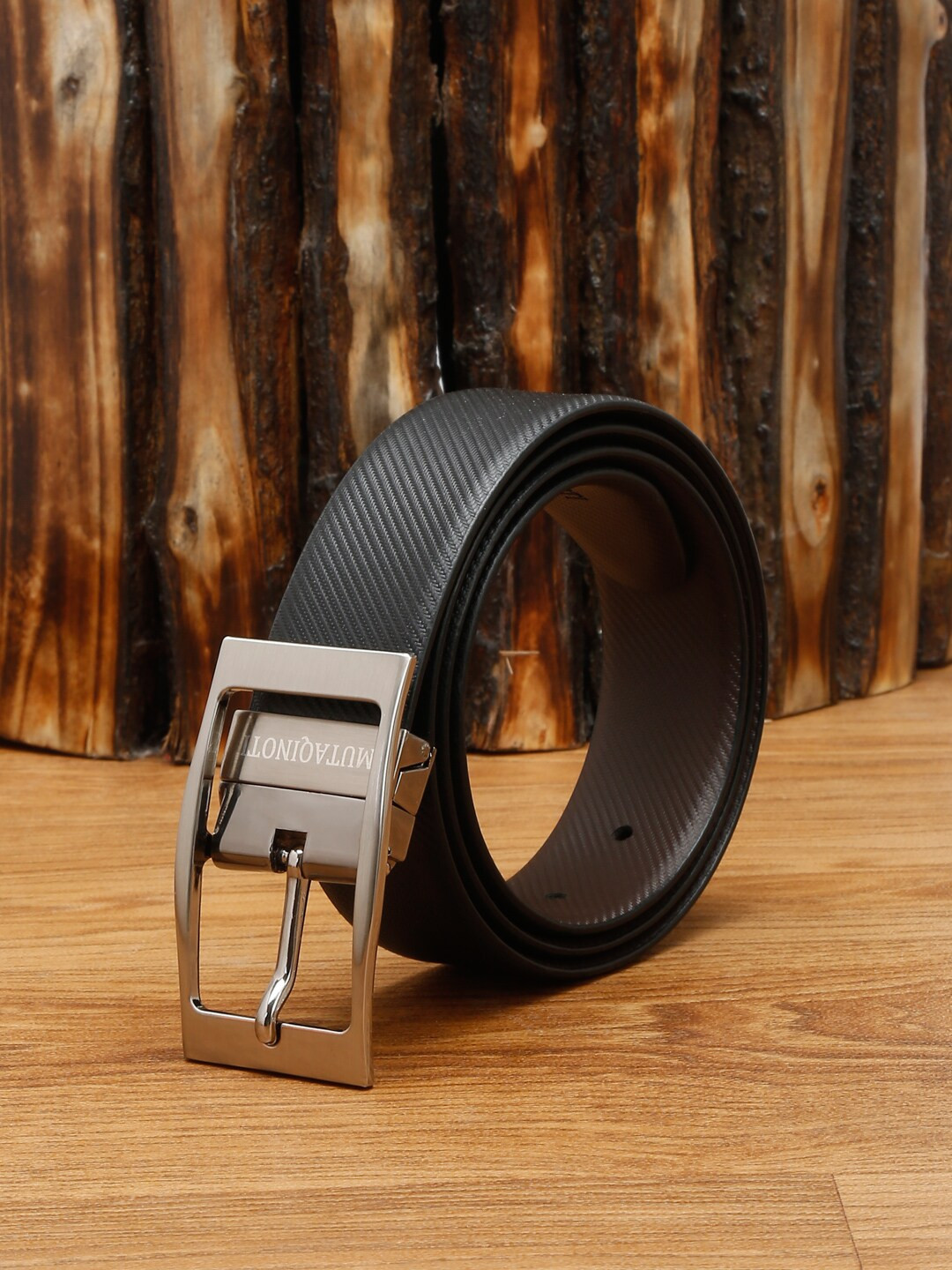 

MUTAQINOTI Men Black Textured Leather Reversible Formal Belt