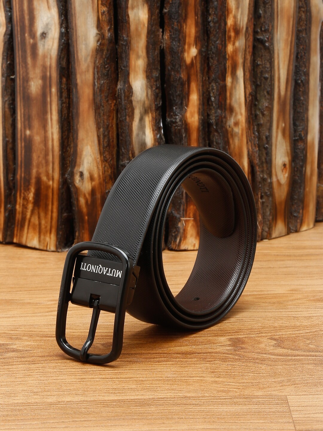 

MUTAQINOTI Men Black Textured Leather Reversible Formal Belt