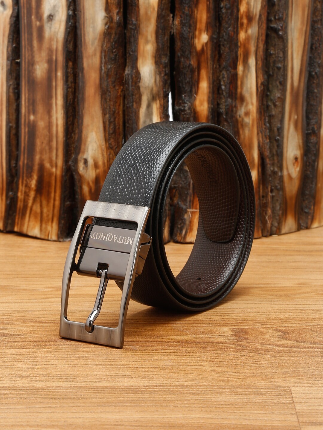 

MUTAQINOTI Men Black Textured Leather Reversible Formal Belt