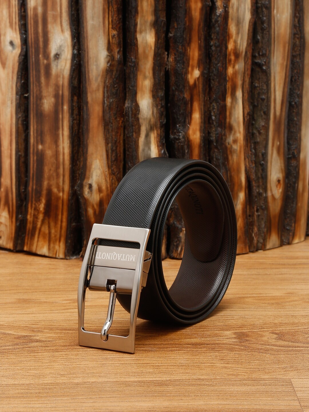

MUTAQINOTI Men Black Textured Leather Reversible Formal Belt