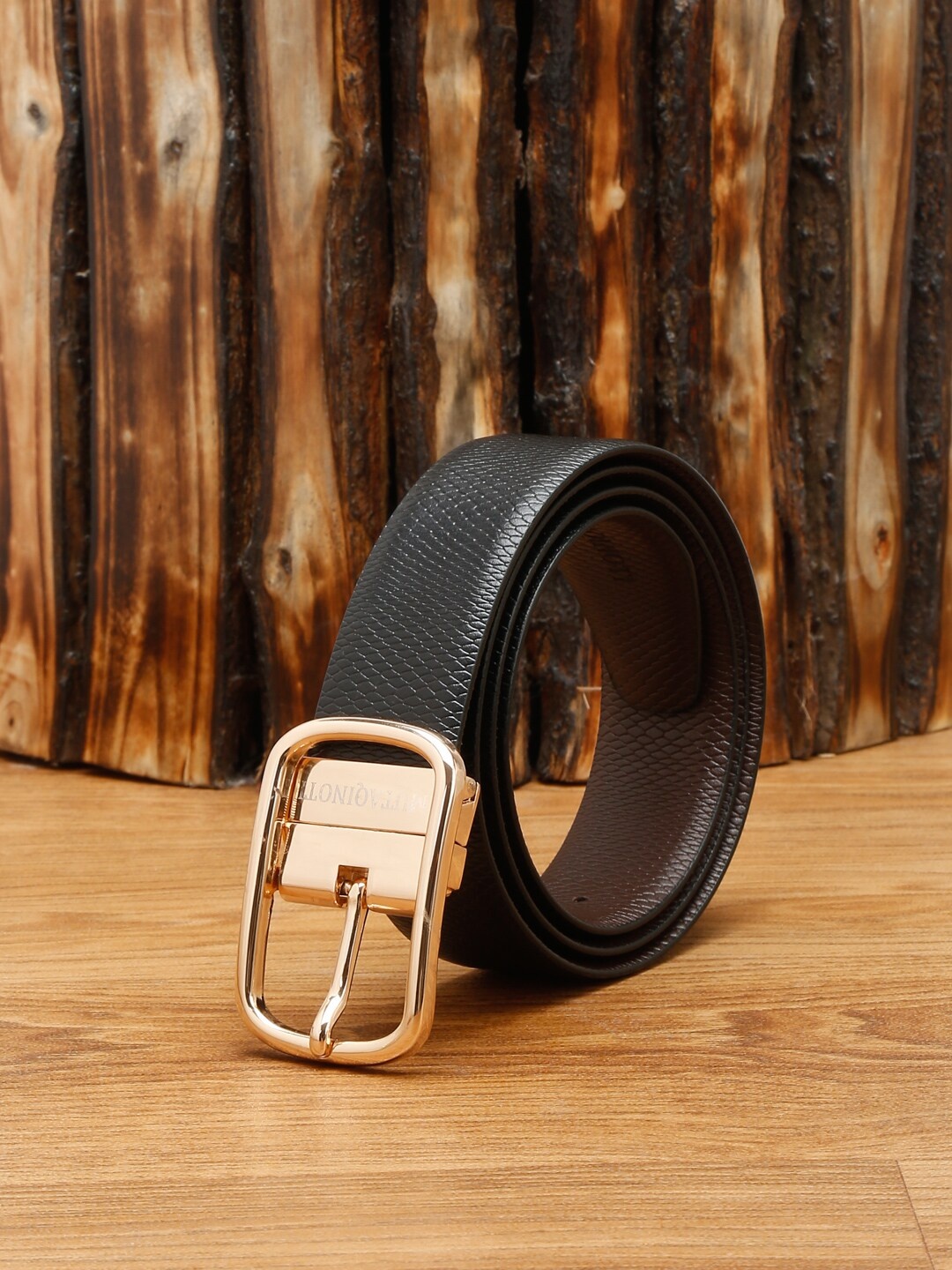 

MUTAQINOTI Men Black Textured Leather Reversible Formal Belt