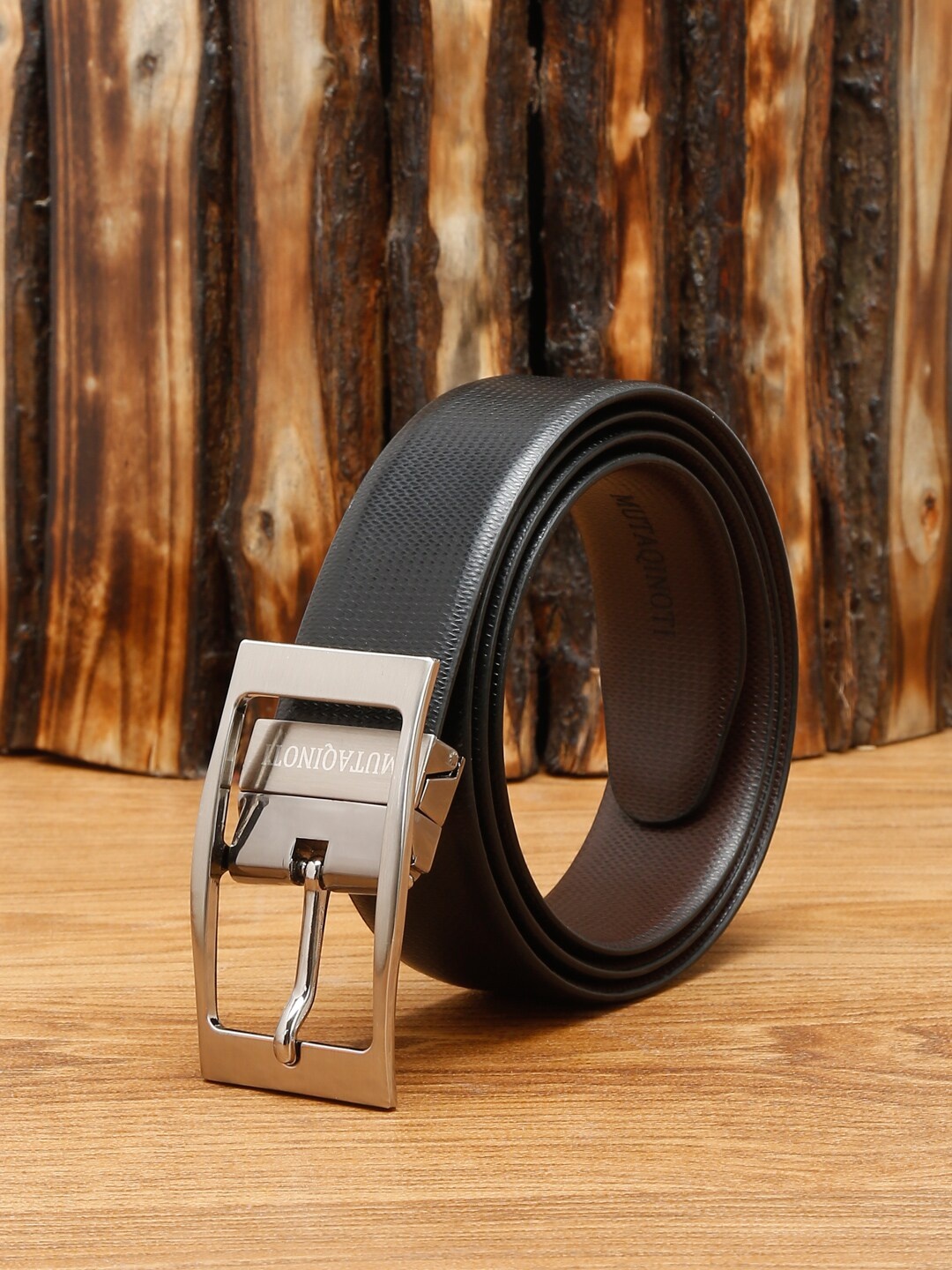 

MUTAQINOTI Men Black Textured Leather Reversible Formal Belt