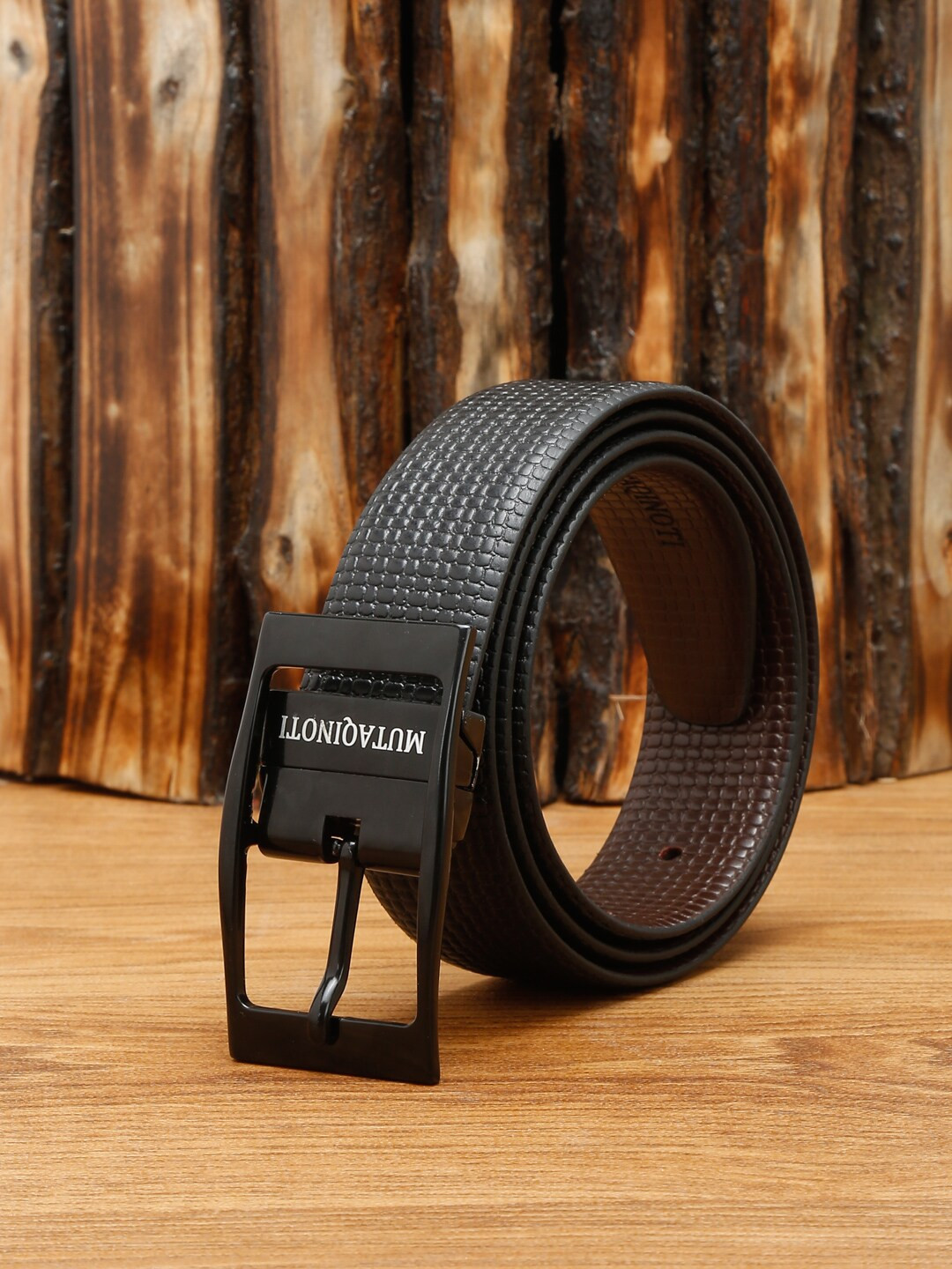 

MUTAQINOTI Men Black Textured Leather Reversible Formal Belt