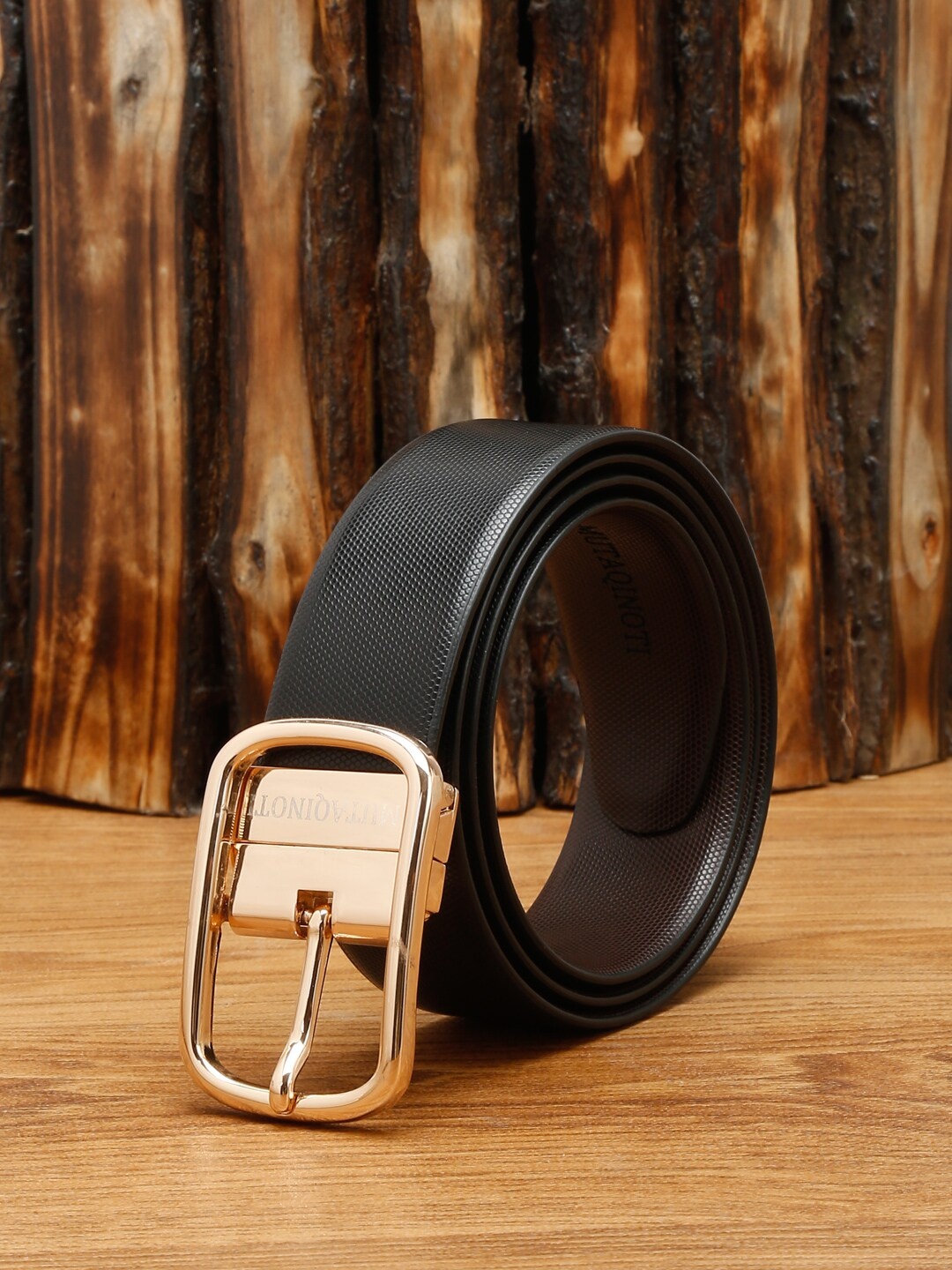 

MUTAQINOTI Men Black Textured Leather Reversible Formal Belt