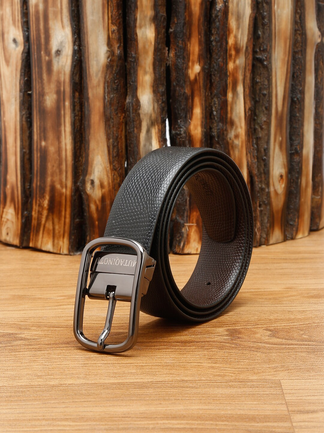 

MUTAQINOTI Men Black Textured Leather Reversible Formal Belt