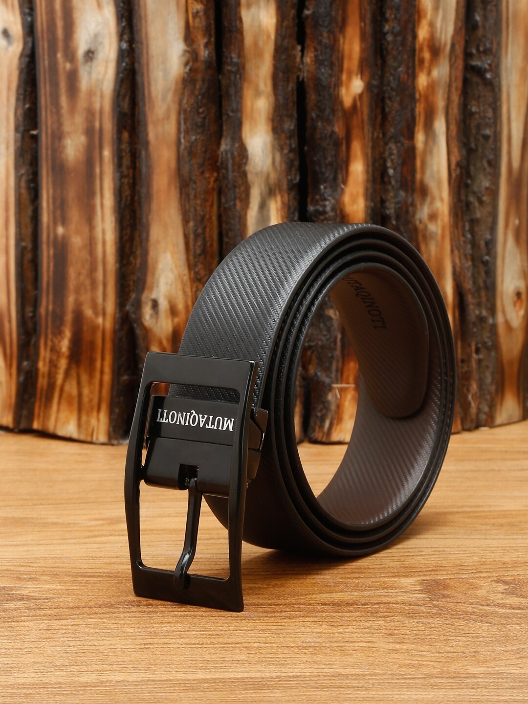 

MUTAQINOTI Men Black Textured Leather Reversible Formal Belt