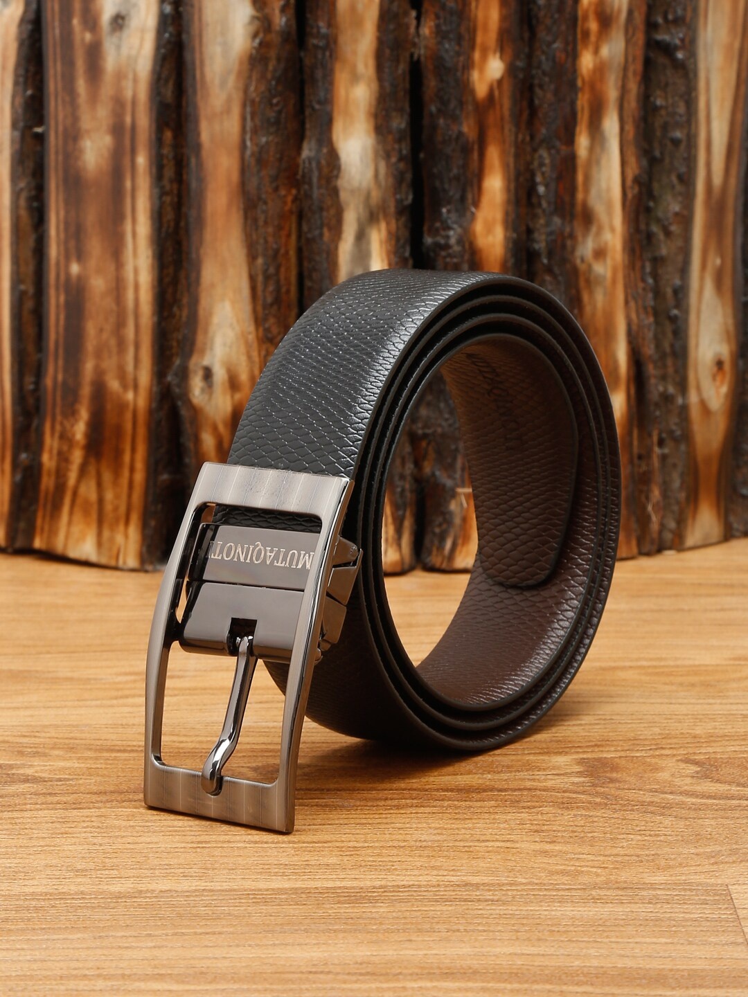 

MUTAQINOTI Men Black Textured Leather Reversible Formal Belt