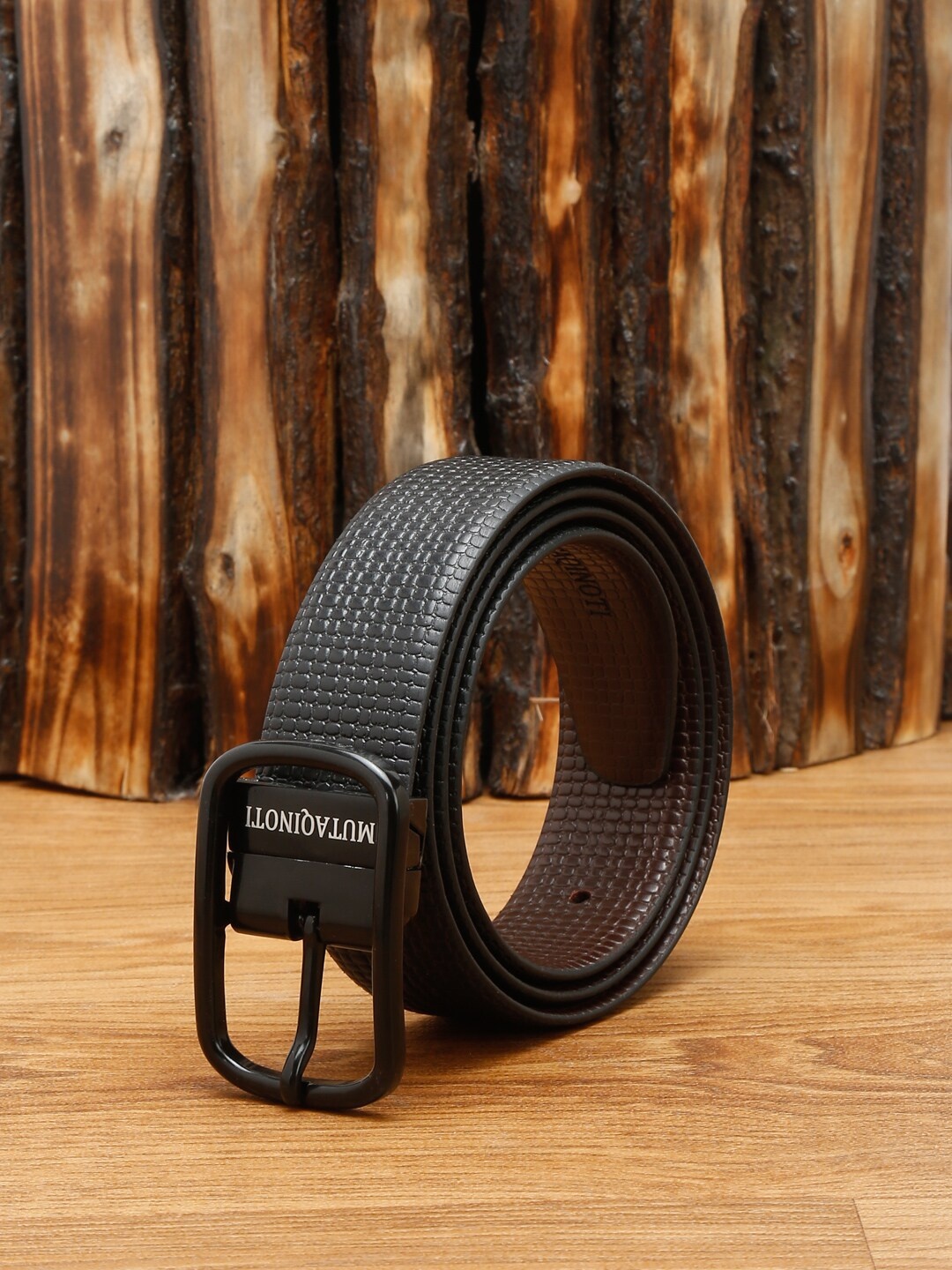 

MUTAQINOTI Men Black Textured Leather Reversible Belt