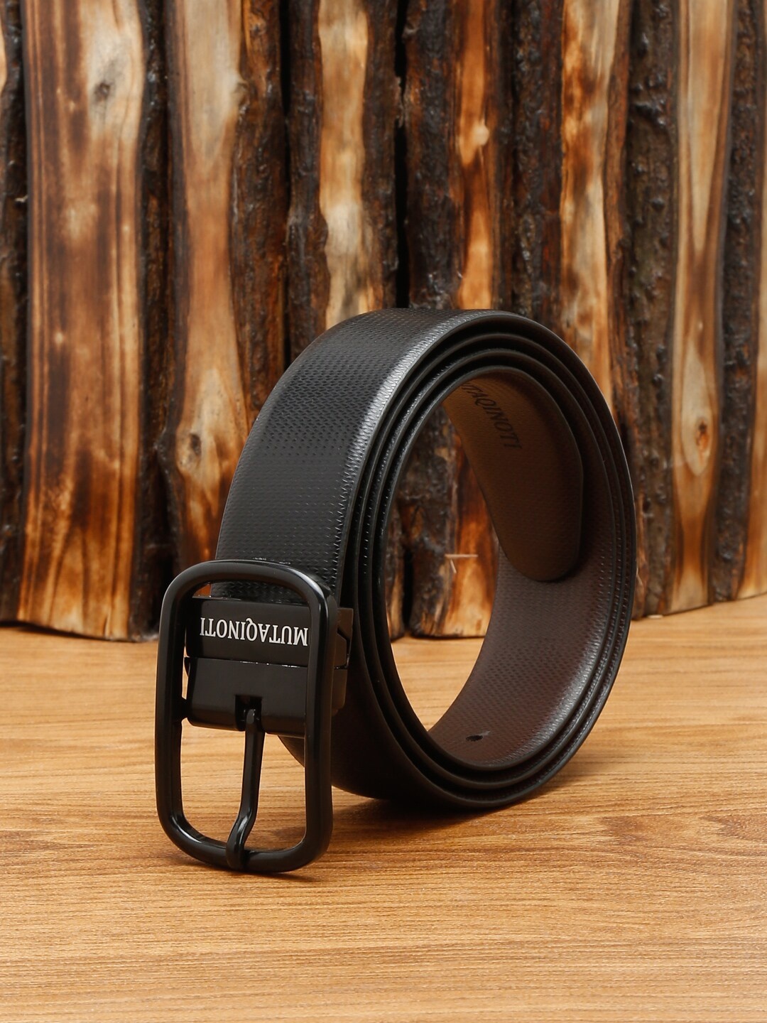 

MUTAQINOTI Men Black Textured Leather Reversible Formal Belt