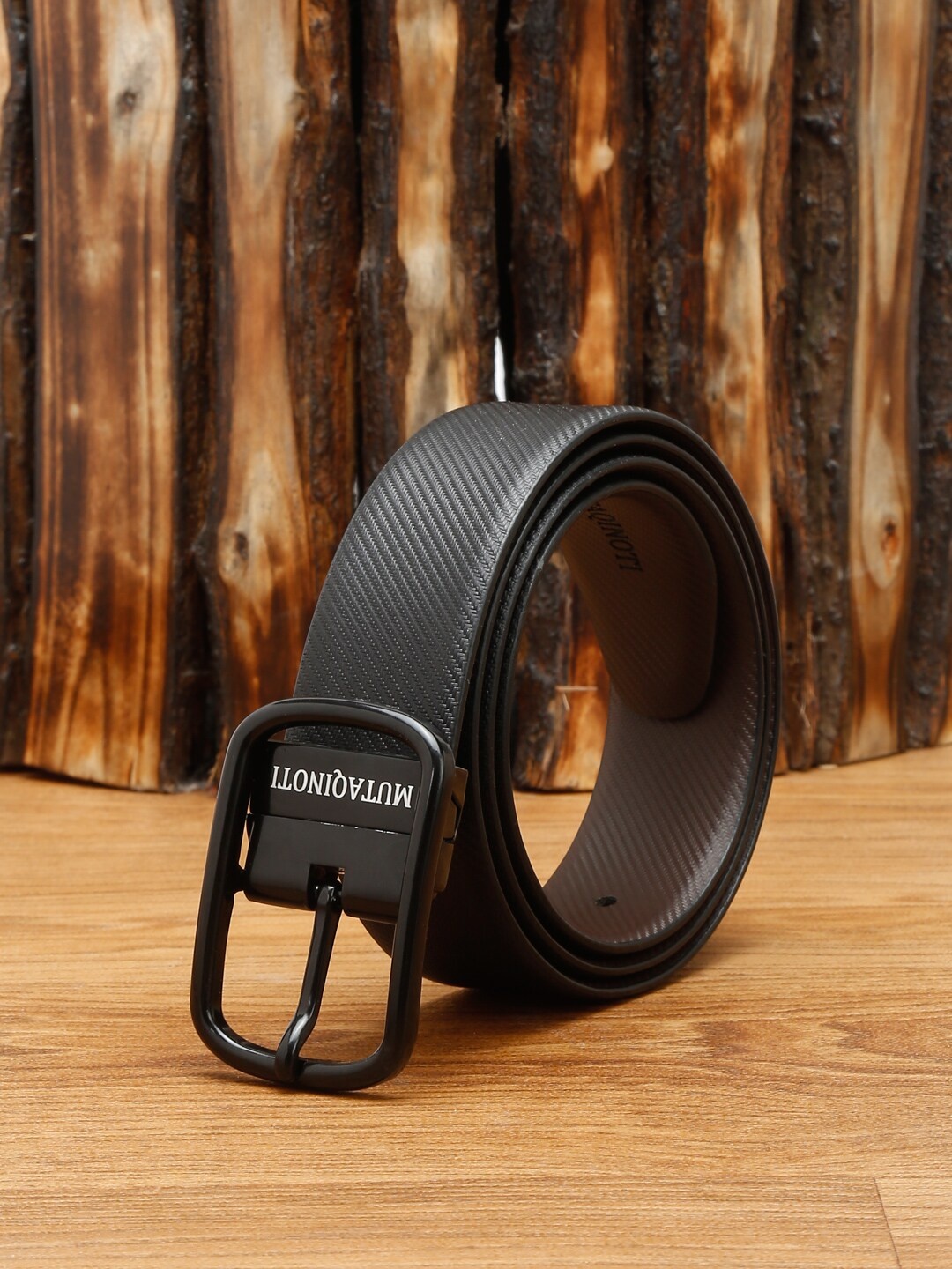 

MUTAQINOTI Men Black Textured Leather Reversible Formal Belt