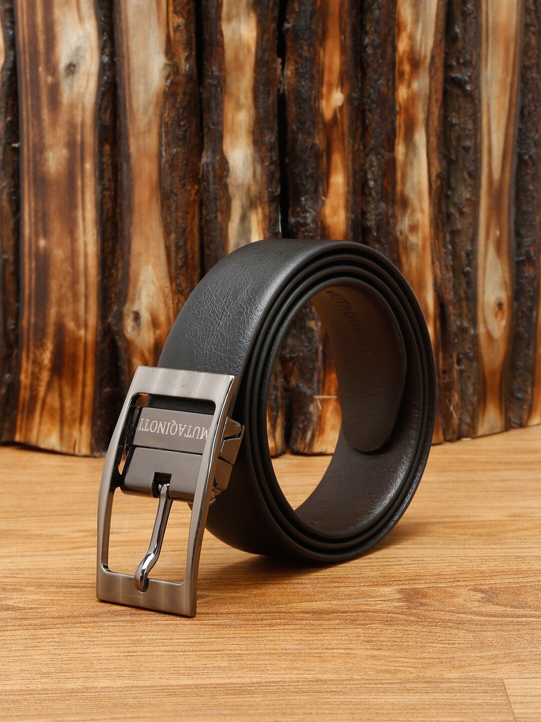 

MUTAQINOTI Men Black Textured Leather Reversible Formal Belt