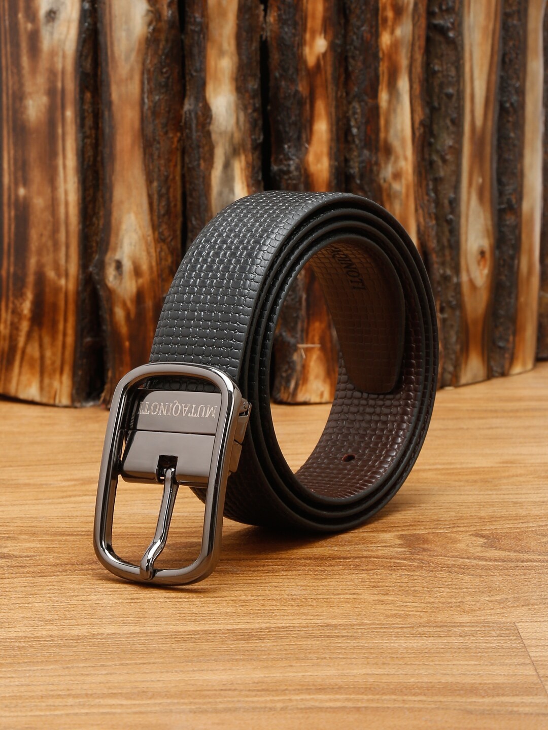 

MUTAQINOTI Men Black Textured Leather Reversible Formal Belt
