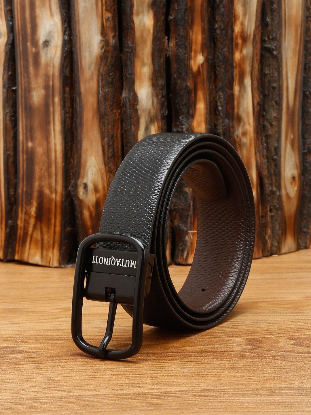 

MUTAQINOTI Men Black Textured Leather Reversible Formal Belt