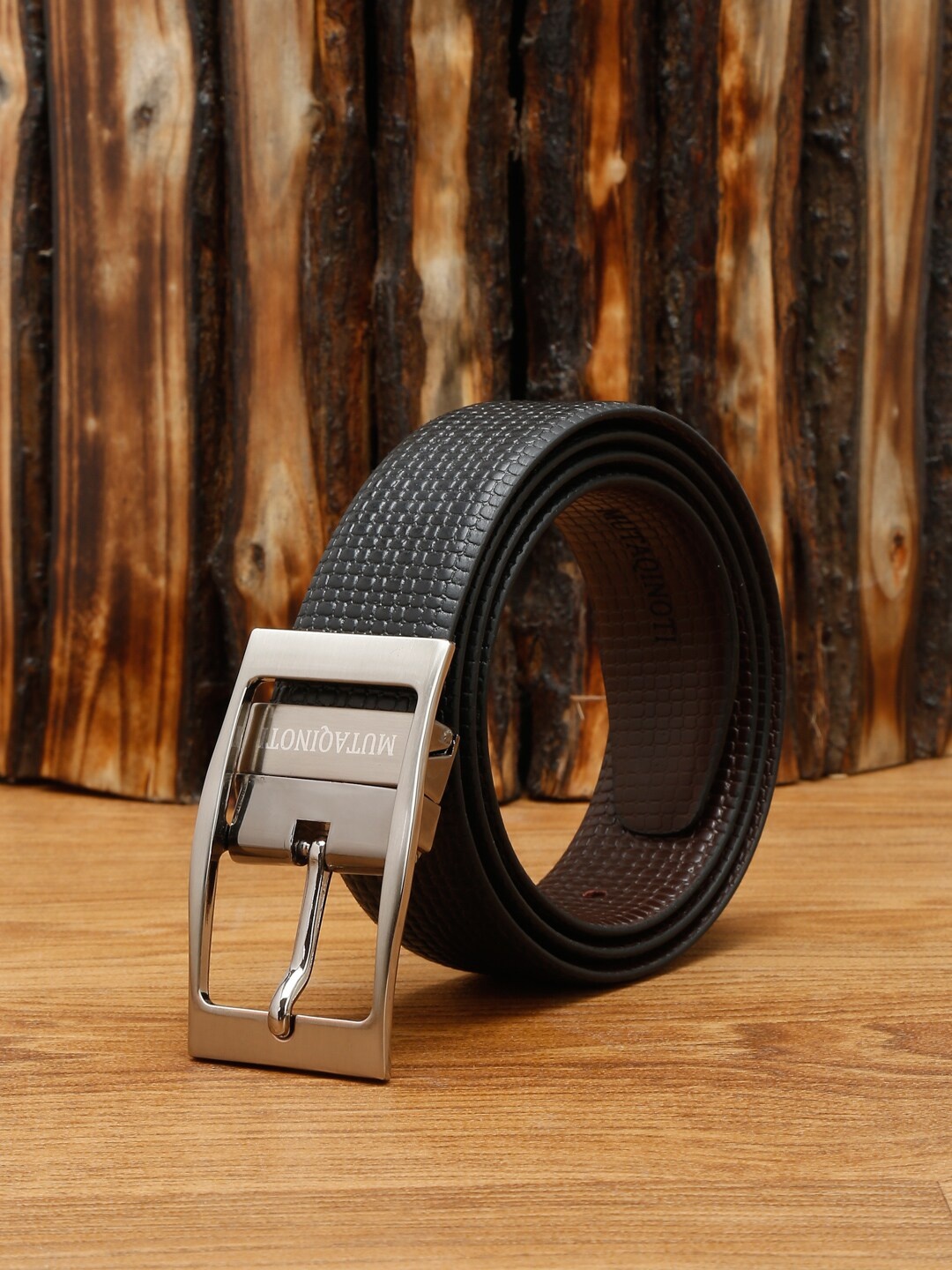 

MUTAQINOTI Men Black Textured Leather Reversible Formal Belt