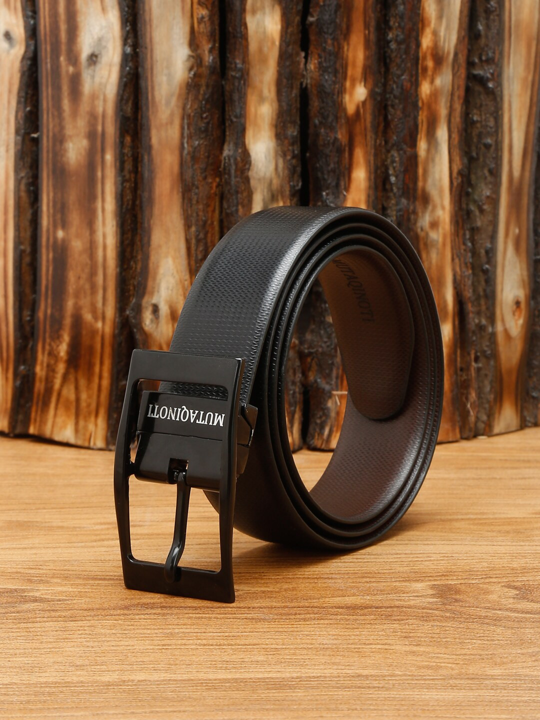 

MUTAQINOTI Men Black Textured Leather Reversible Formal Belt