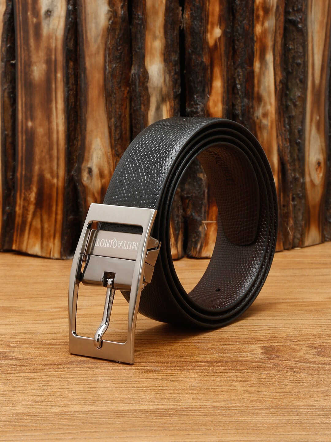 

MUTAQINOTI Men Black Textured Leather Reversible Formal Belt