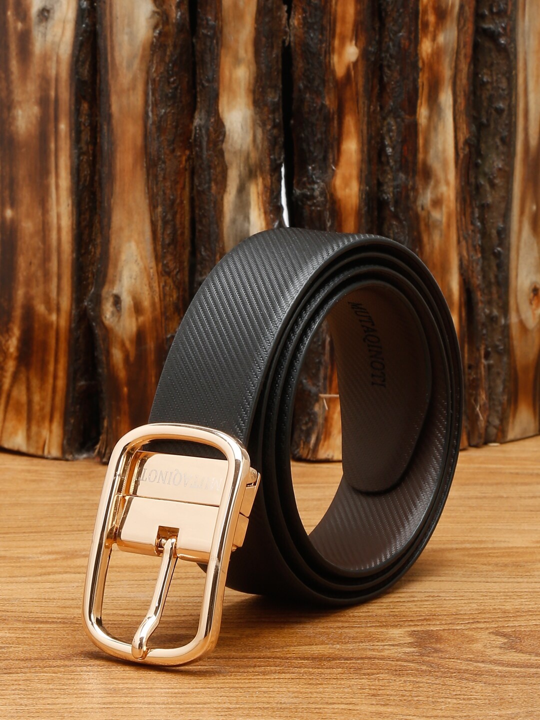 

MUTAQINOTI Men Black Textured Leather Formal Belt