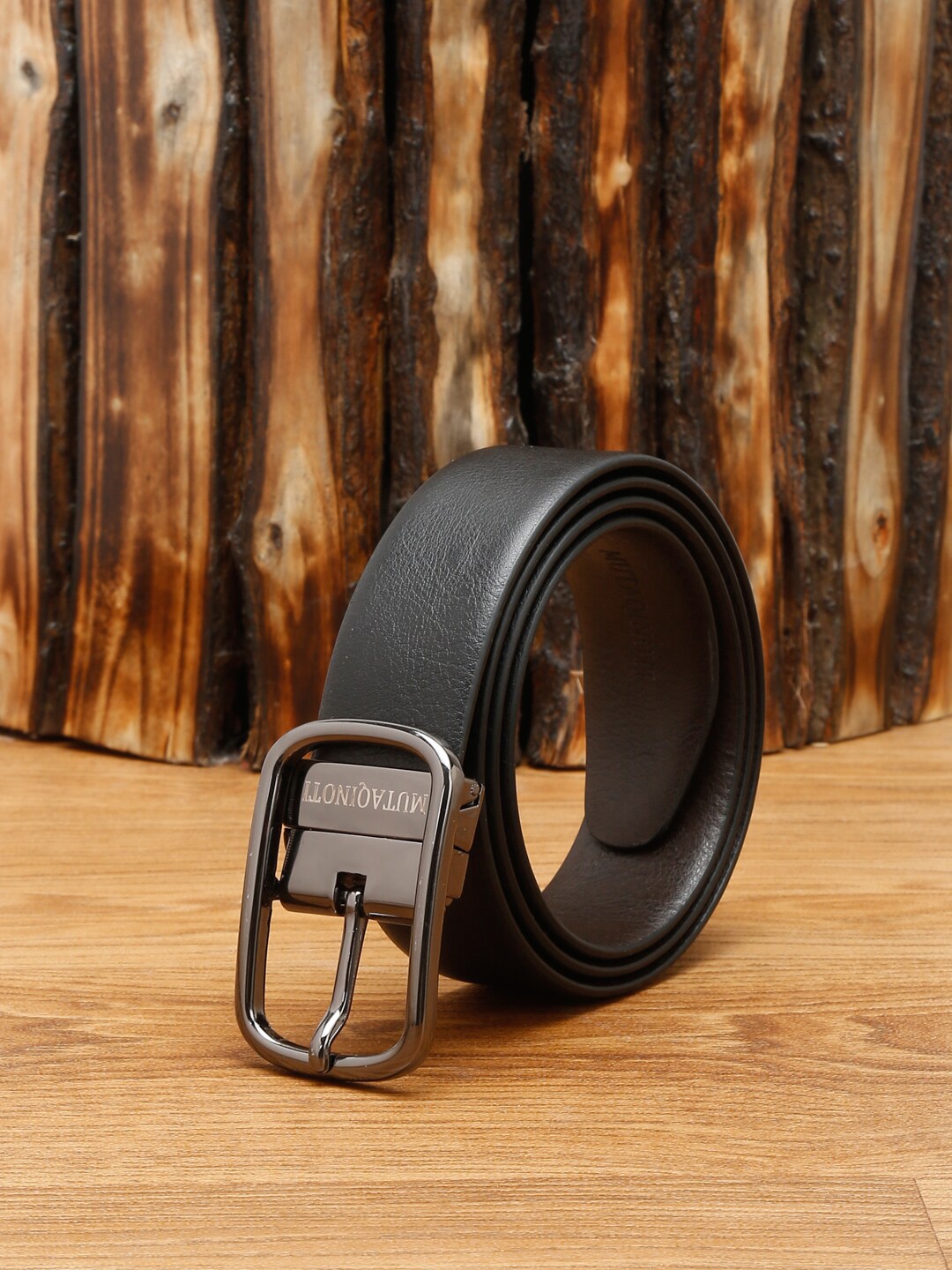 

MUTAQINOTI Men Black Textured Leather Reversible Formal Belt