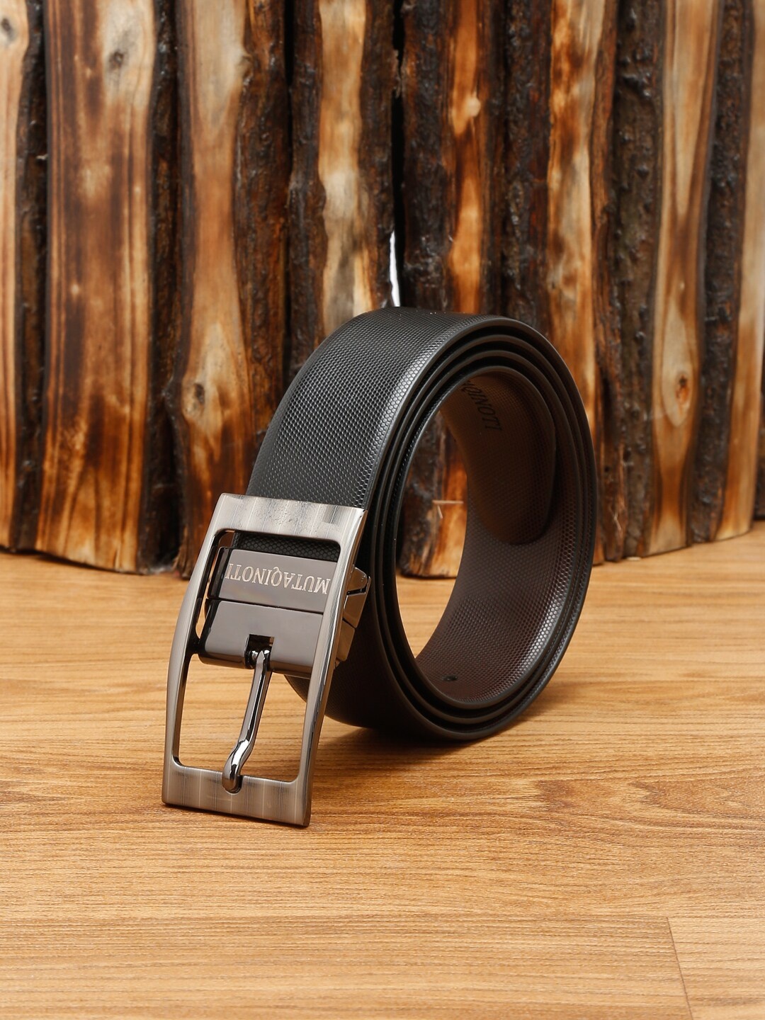 

MUTAQINOTI Men Black Textured Leather Reversible Formal Belt