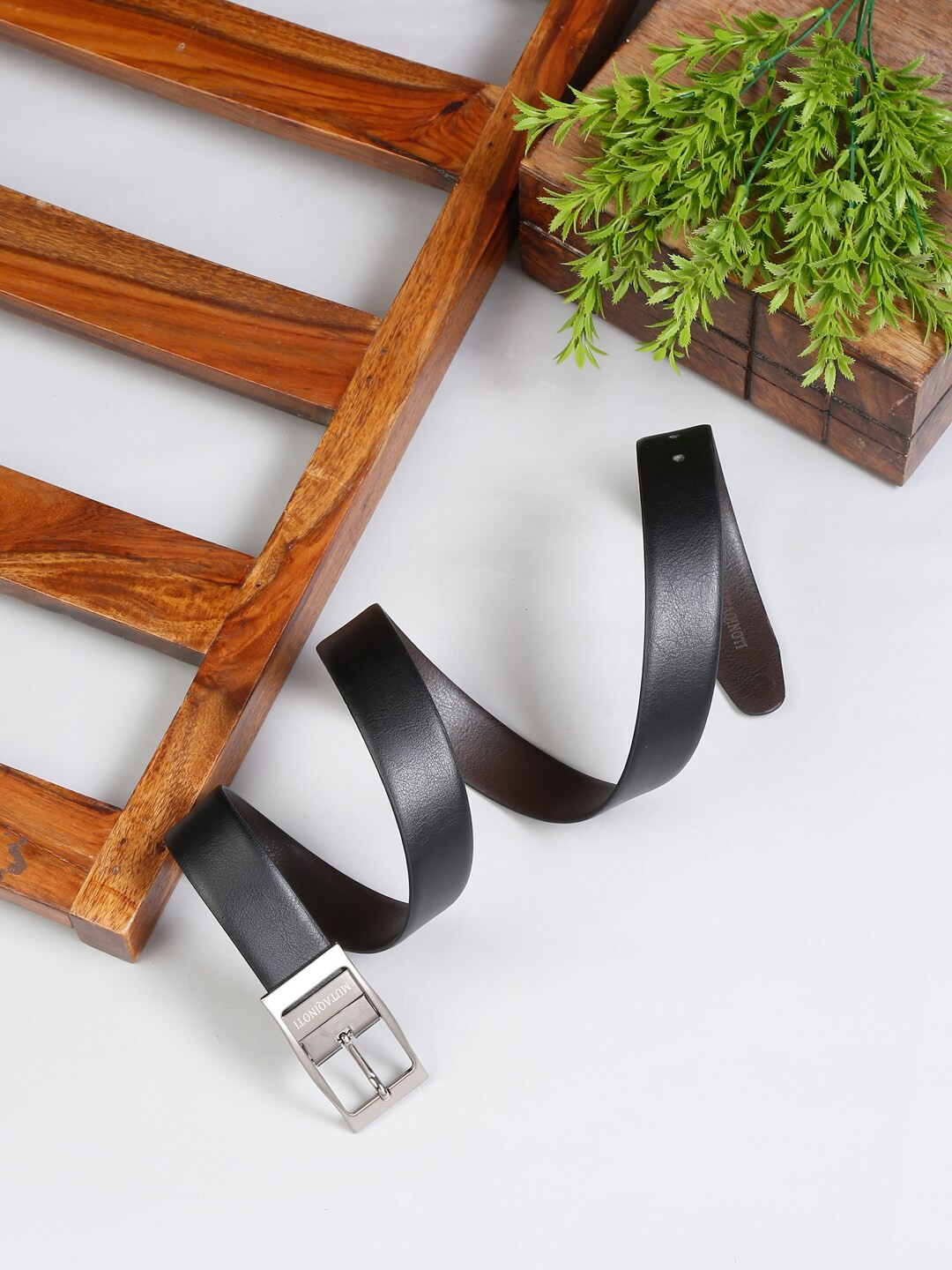 

MUTAQINOTI Men Black & Brown Textured Reversible Leather Formal Belt