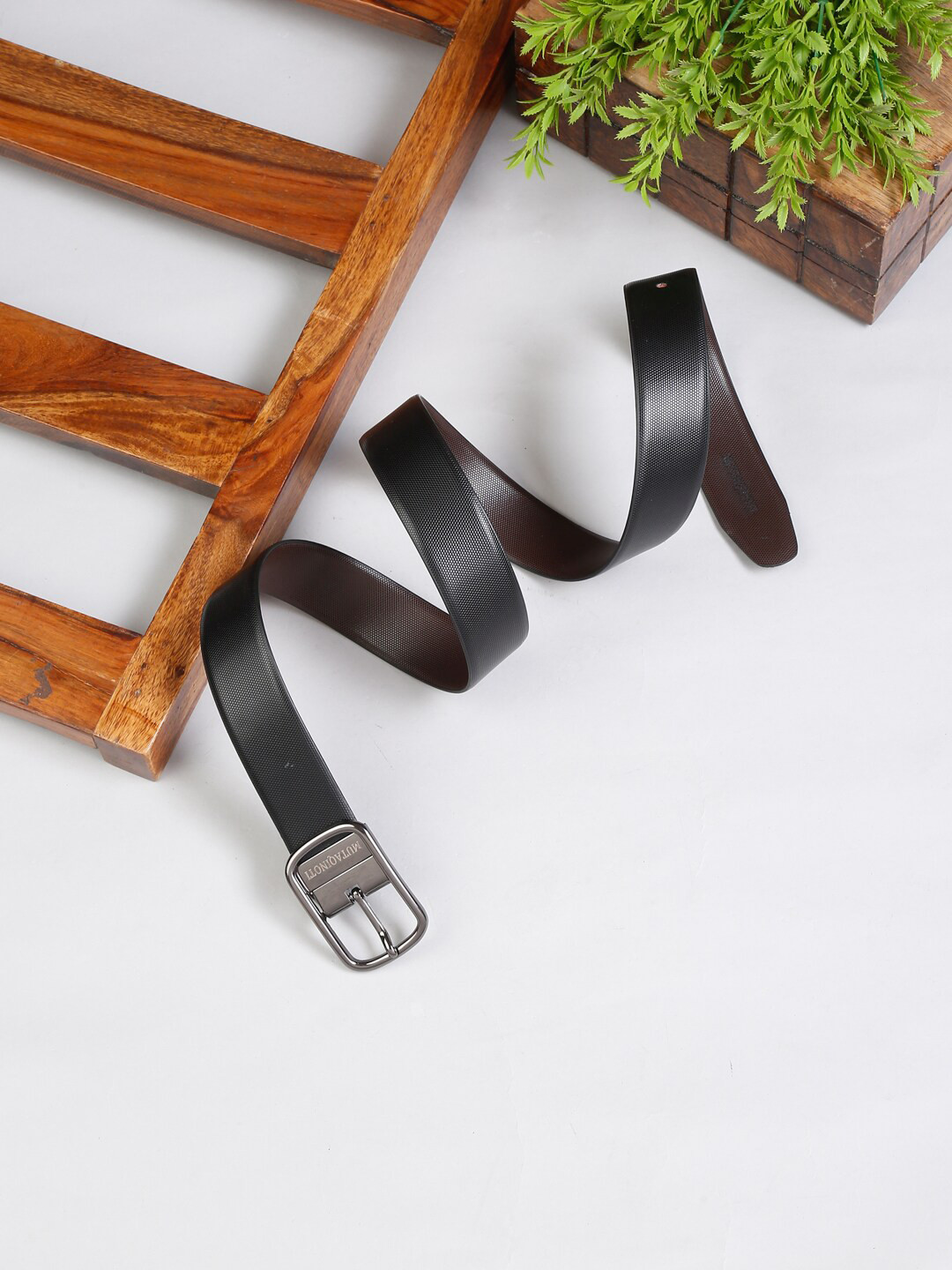 

MUTAQINOTI Men Black & Brown Textured Reversible Leather Formal Belt
