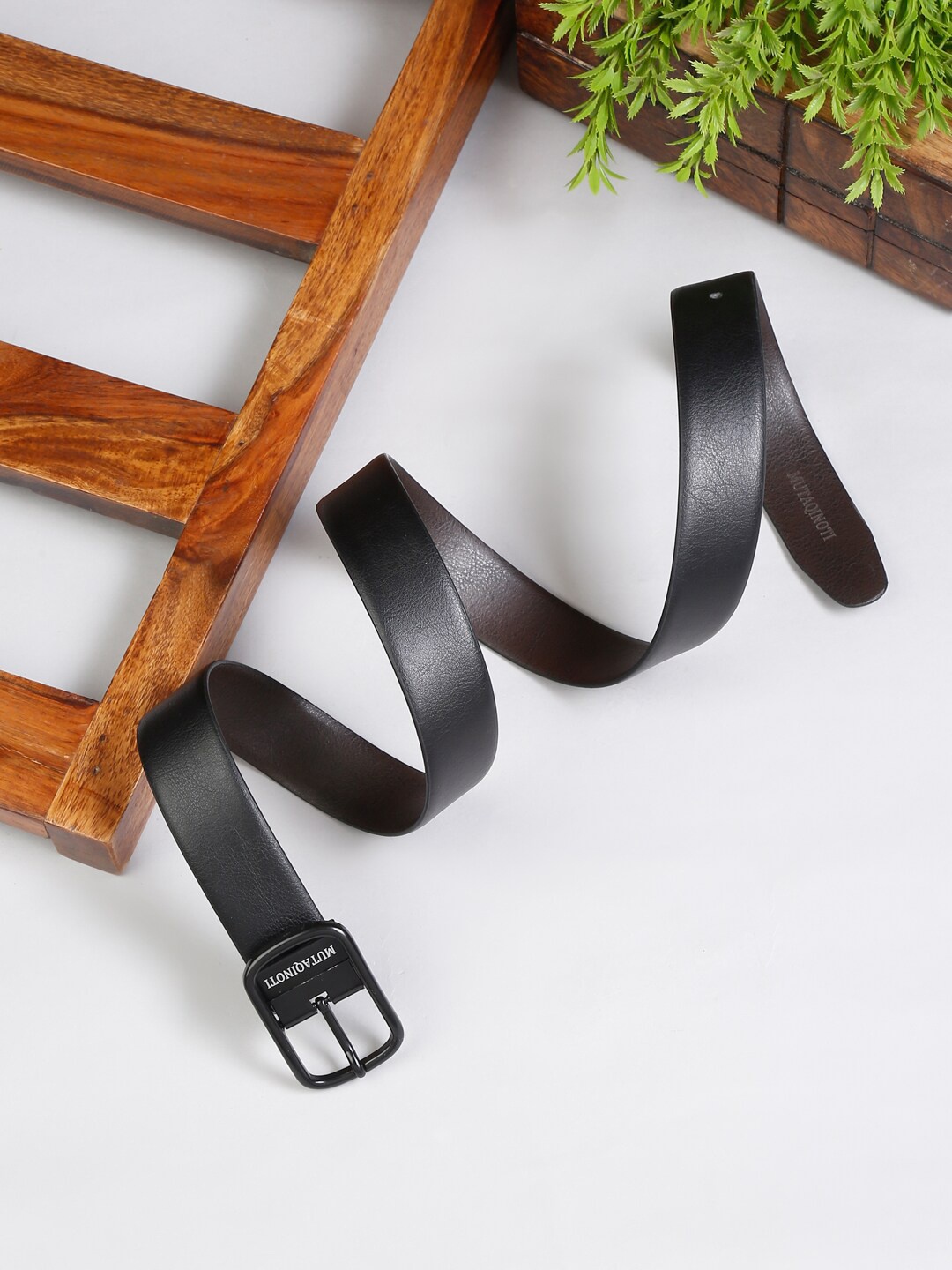 

MUTAQINOTI Men Black & Brown Textured Reversible Leather Formal Belt