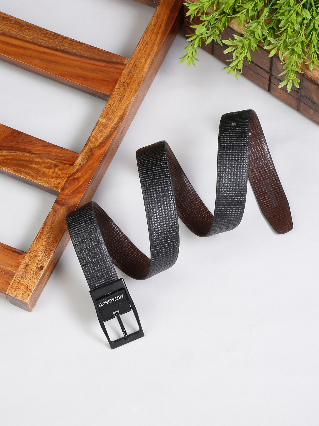 

MUTAQINOTI Men Black & Brown Textured Reversible Leather Formal Belt