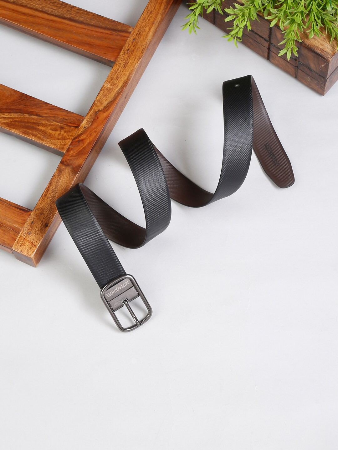 

MUTAQINOTI Men Black & Brown Textured Reversible Leather Formal Belt