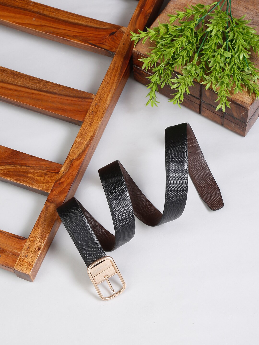 

MUTAQINOTI Men Black & Brown Textured Reversible Leather Formal Belt