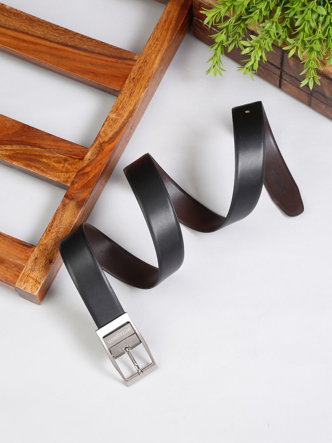 

MUTAQINOTI Men Black & Brown Textured Reversible Leather Formal Belt