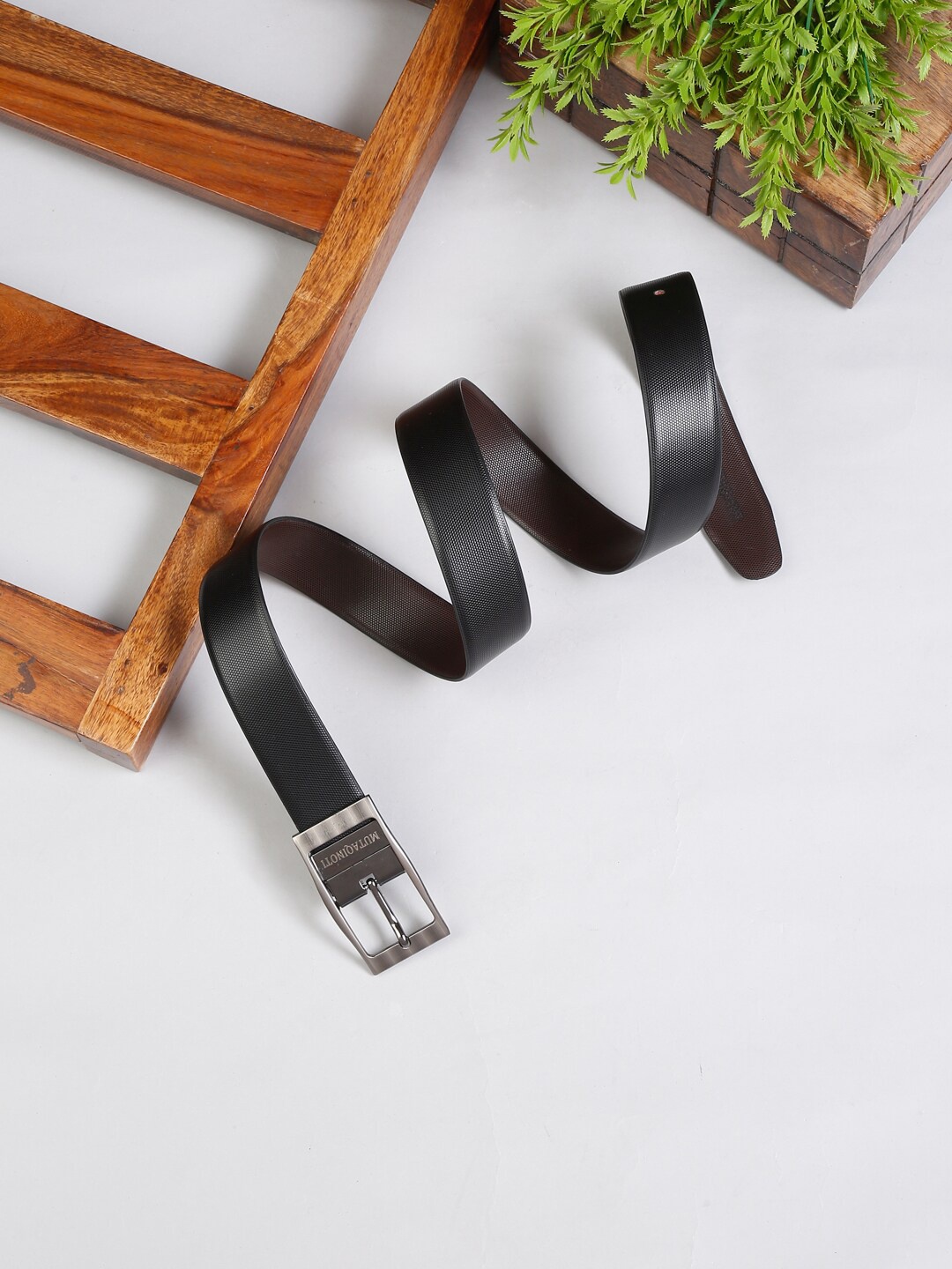 

MUTAQINOTI Men Black & Brown Textured Reversible Leather Formal Belt