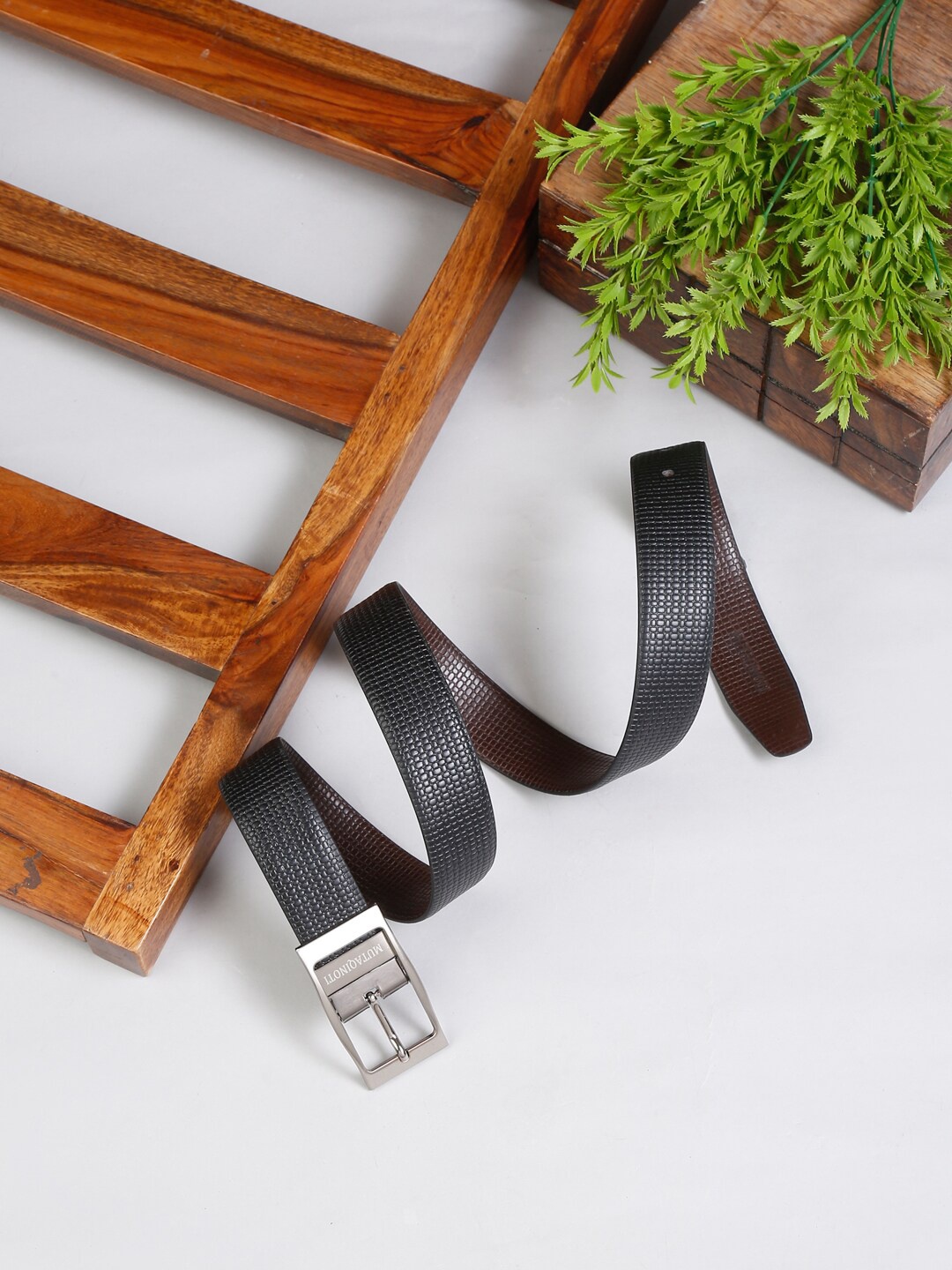 

MUTAQINOTI Men Black & Brown Textured Reversible Leather Formal Belt