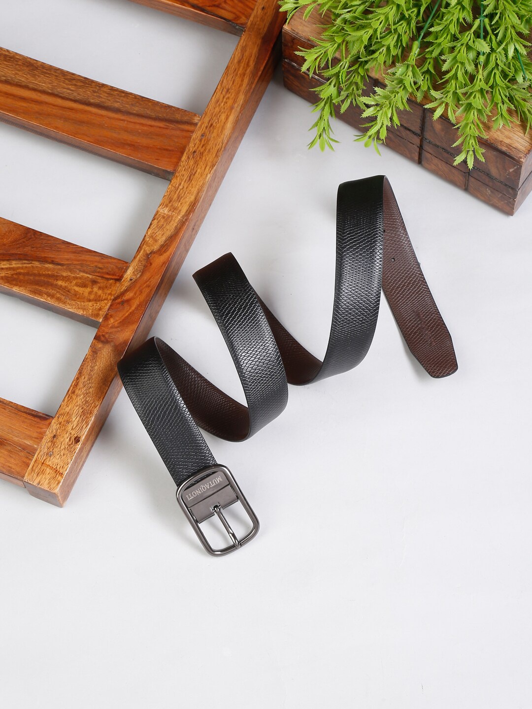 

MUTAQINOTI Men Black & Brown Textured Reversible Leather Formal Belt