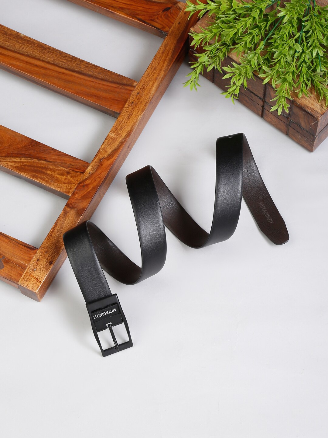 

MUTAQINOTI Men Black & Brown Textured Reversible Leather Formal Belt