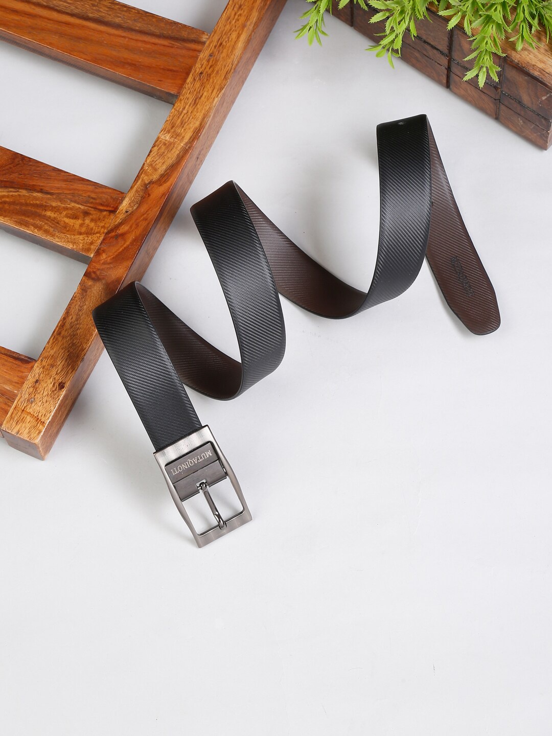 

MUTAQINOTI Men Black & Brown Textured Reversible Leather Formal Belt